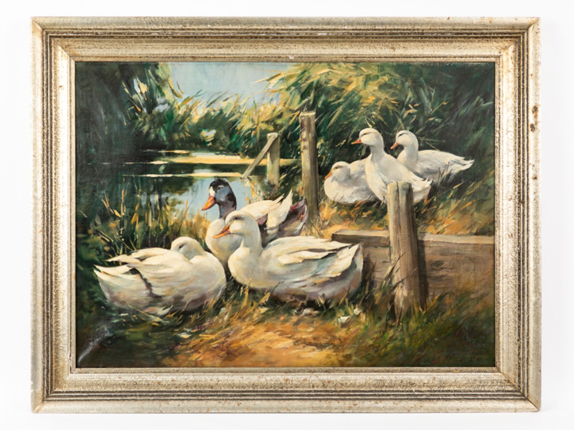 Grässel, Franz (1861 - 1948), zugeschrieben. Öl auf Leinwand; "Enten am Ufer", unten rechts s