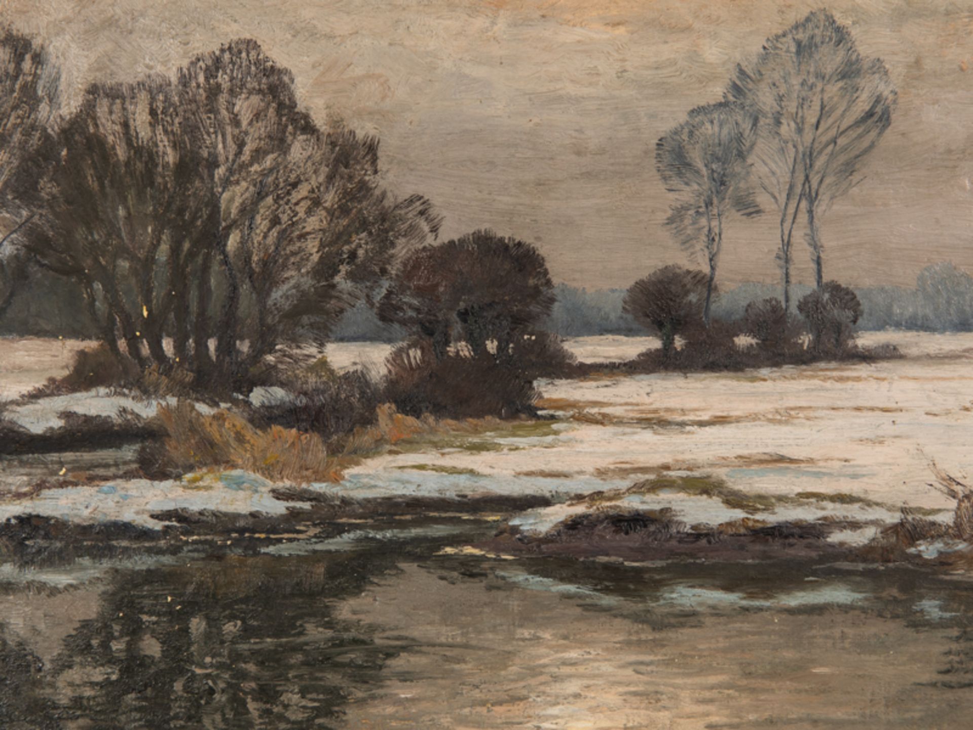 Rasenberger, Alfred (1885 - 1949). Öl auf Leinwand; "Winterliche Flußauen-Landschaft" (vermut - Image 2 of 4