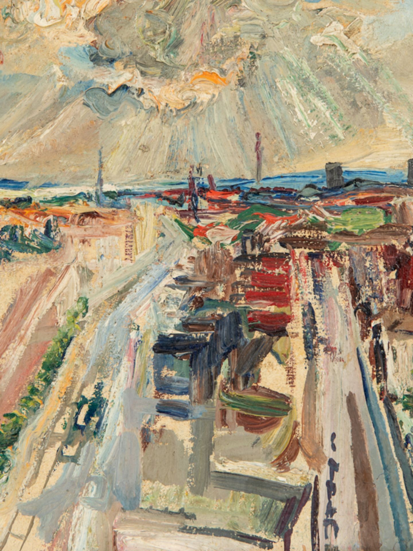 Lange-Brock, August (1891 - 1978). Öl auf Malpappe, "Modern-abstraktes Großstadt-Panorama", u - Bild 2 aus 4