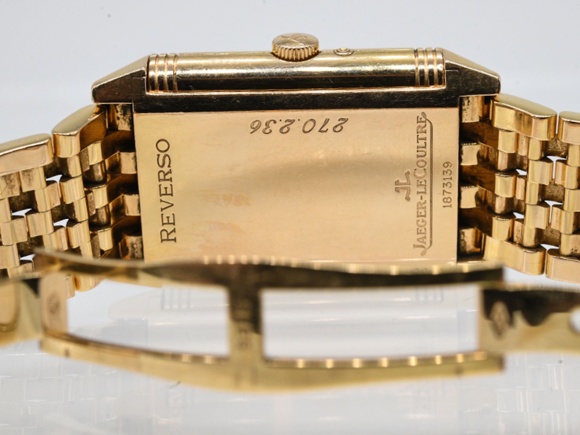 Goldene Armbanduhr (Unisex), Jaeger le Coultre "Reverso", um 2000. 750/- Weißgold. Gesamtgewic - Bild 5 aus 7