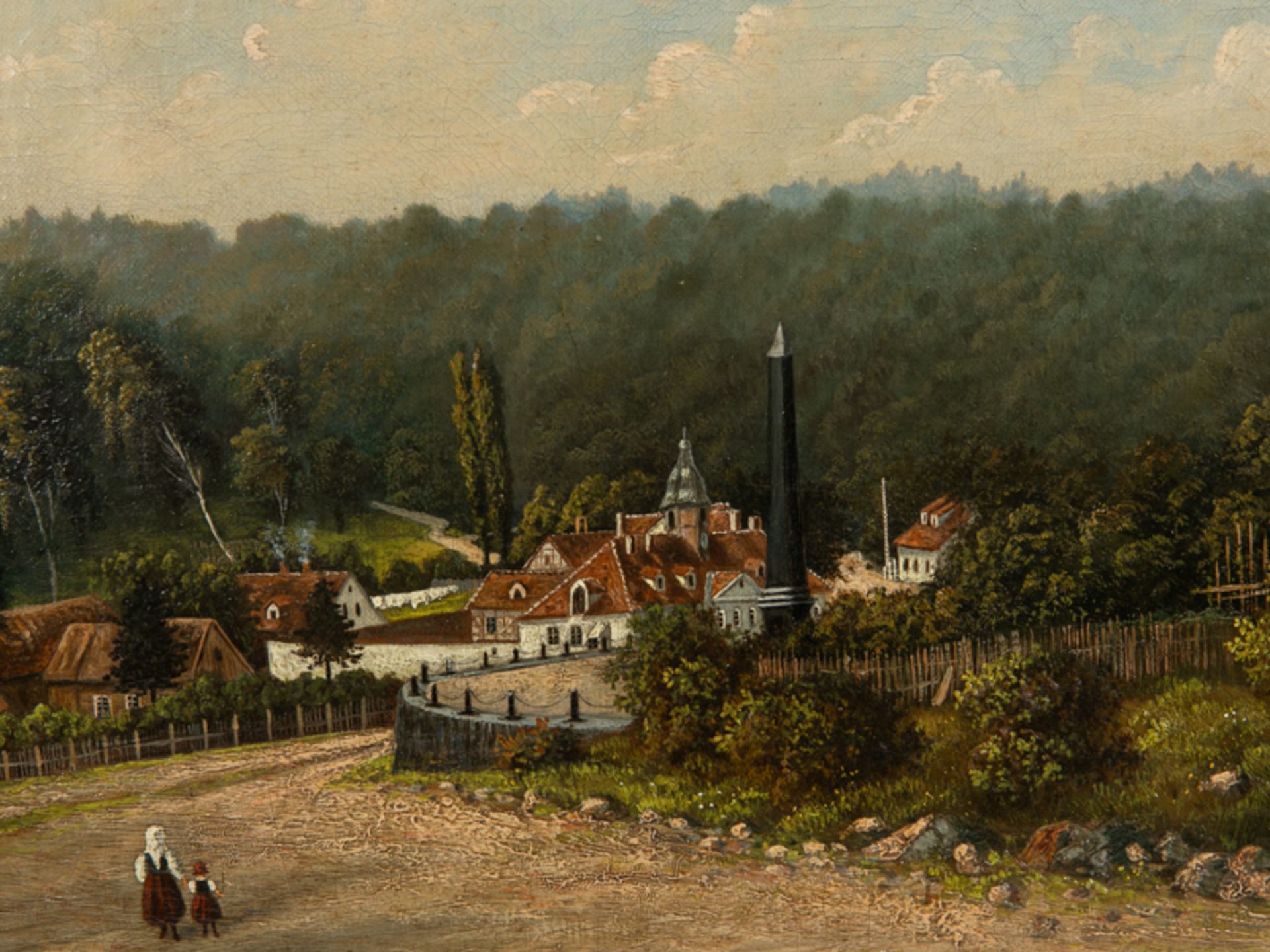 Spätbiedermeier-Maler (19. Jh.). Öl auf Leinwand, Dorfansicht mit Obeliskdenkmal und kleintei - Image 2 of 4