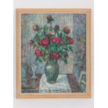 Blumen-/Stillebenmaler, 20. Jh. Öl auf Malkarton; "Vasenstilleben mit rotem Pfingstrosenstrauß",