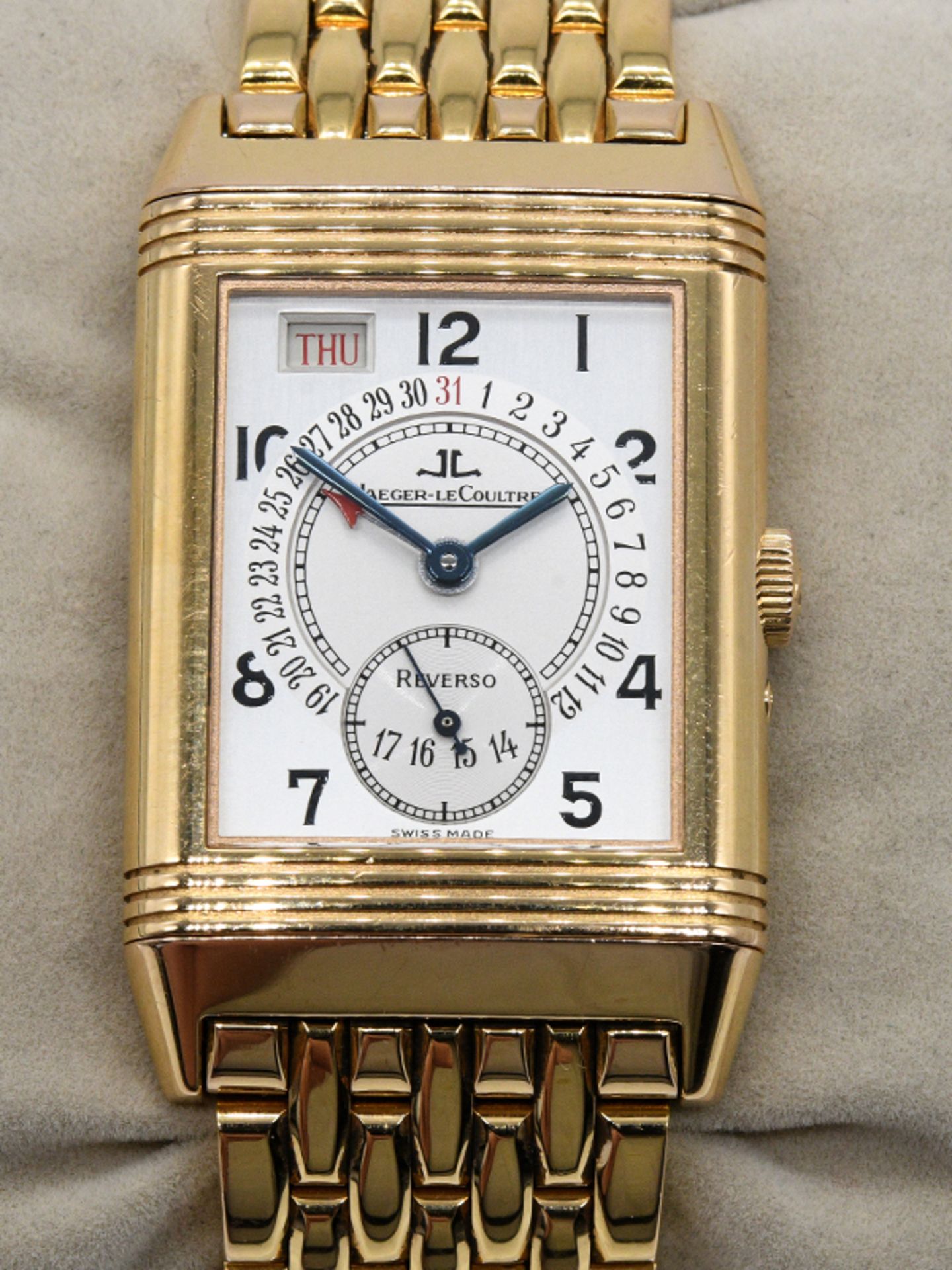 Goldene Armbanduhr (Unisex), Jaeger le Coultre "Reverso", um 2000. 750/- Weißgold. Gesamtgewic