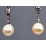 Paar Ohrgehänge mit Akoya-Perlen und 10 Altschliff-Diamanten zus. ca. 0,3 ct, Ende 20. Jh. 585