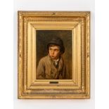 Göbel, Angilbert (1821 - 1882). Öl auf Holz; "Halbportrait eines Jungen mit Hut und Kragentuc