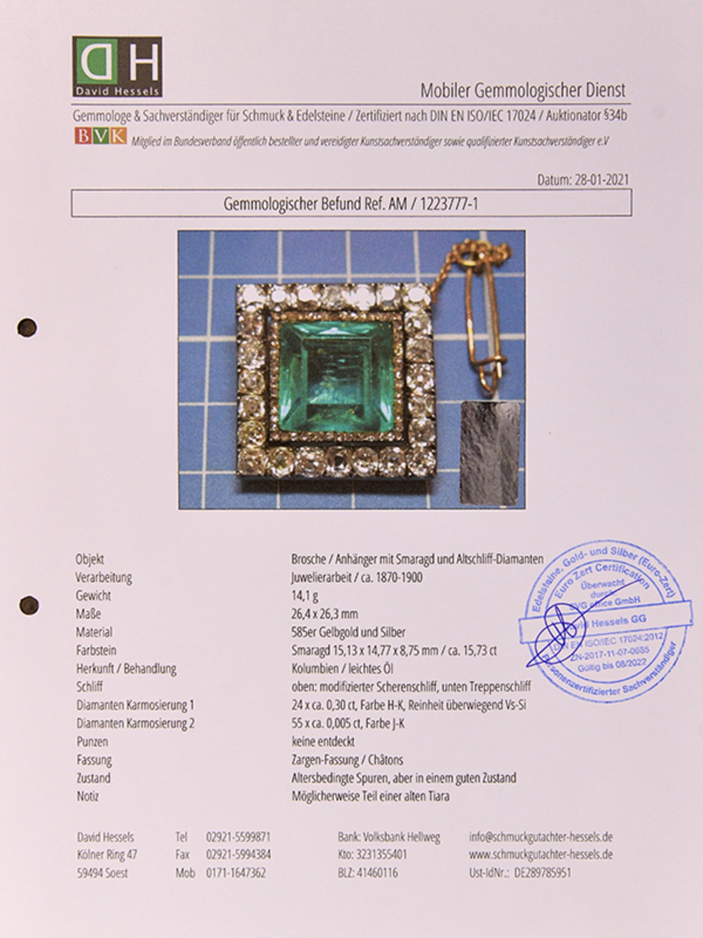 Prunkvolle antike Brosche mit kolumbianischem Smaragd ca. 15,73 ct und Diamanten zus. ca. 7,475 ct, - Bild 11 aus 17