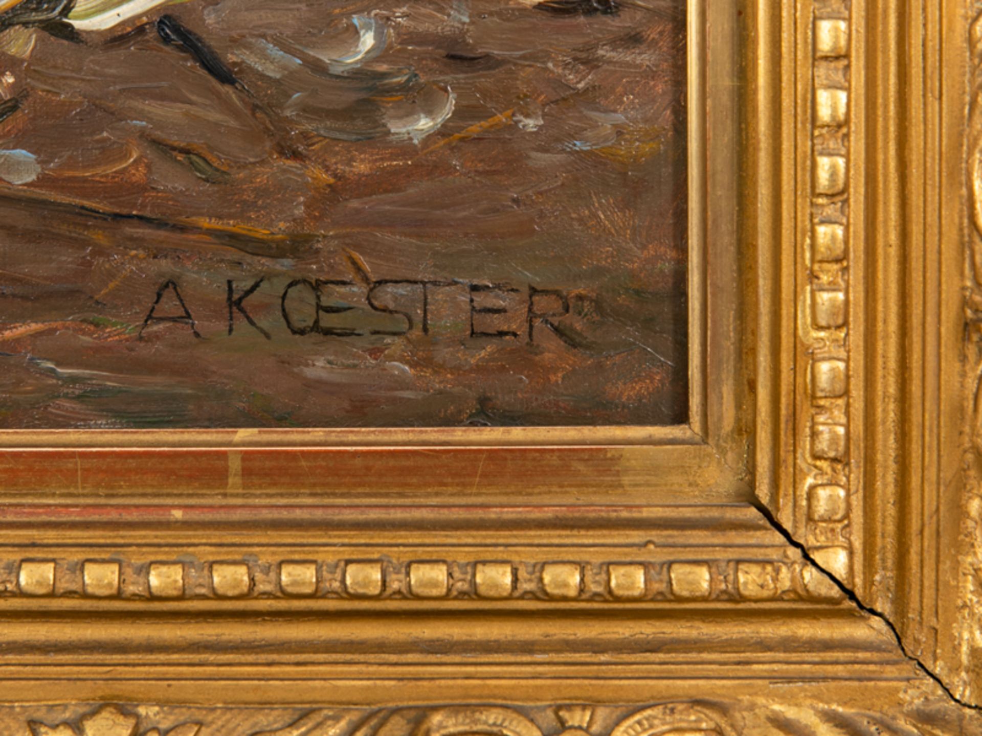 Koester, Alexander (1864 - 1932). Öl auf Leinwand; "Entenfütterung im Hof"; lebensnah geschil - Bild 3 aus 9