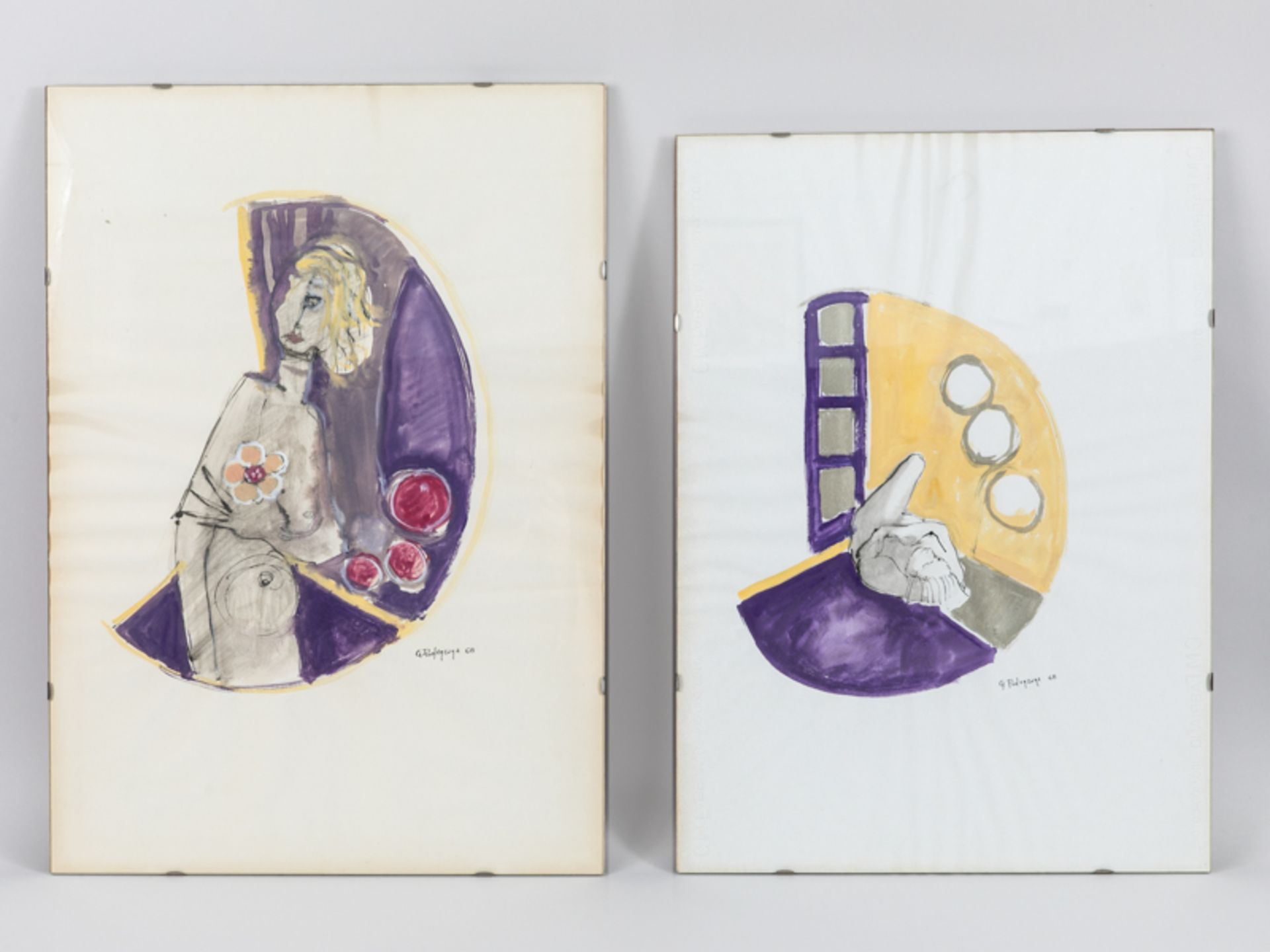 Podenzana, Geraldo (1940 - 2010). 2 Farb-Aquarelle über Federzeichnung, "Abstrahierte Figurenm