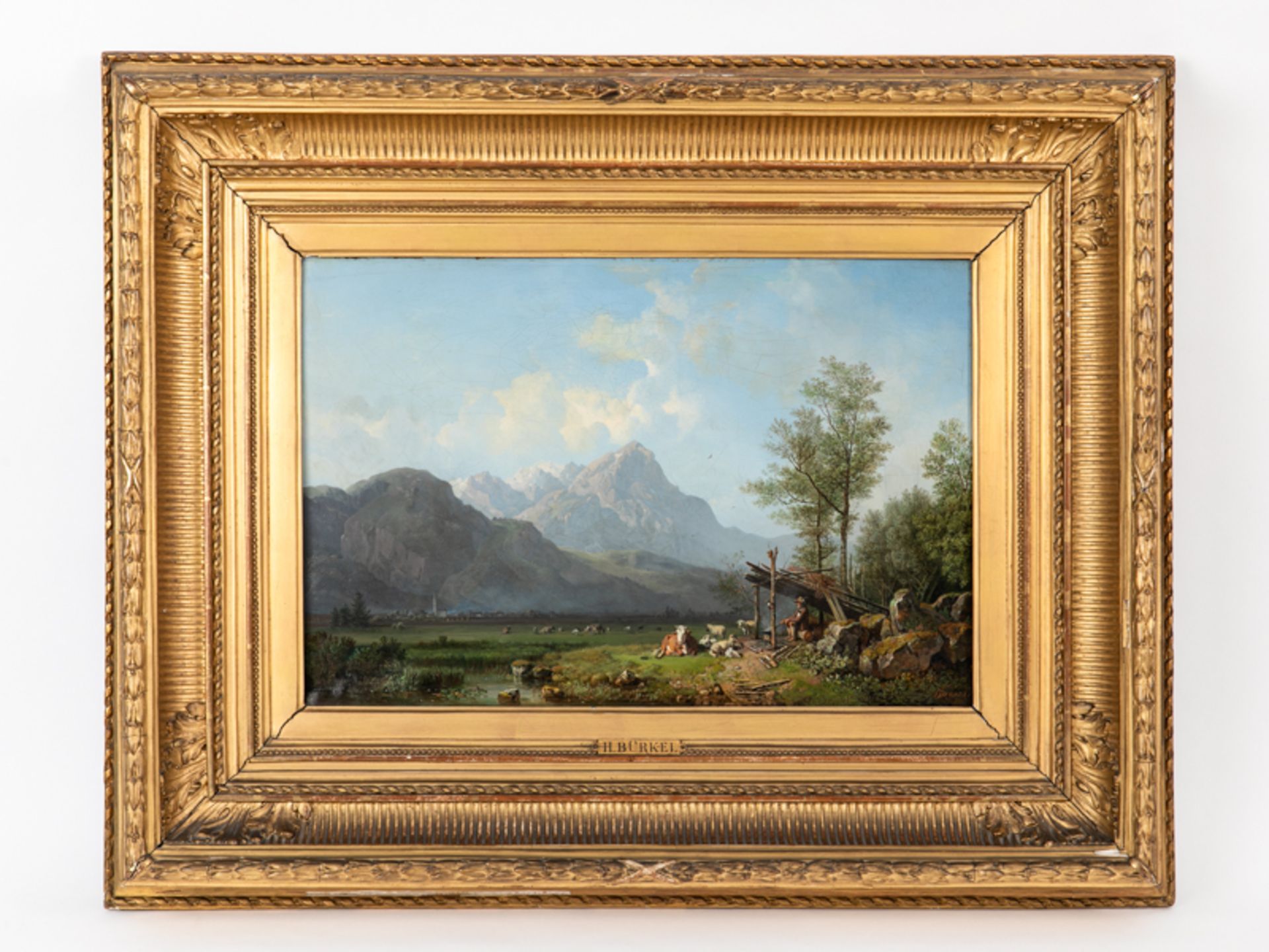 Bürkel, Heinrich (1802 - 1869). Öl auf Leinwand (doubliert); "Alpenpanorama mit rastendem Hir