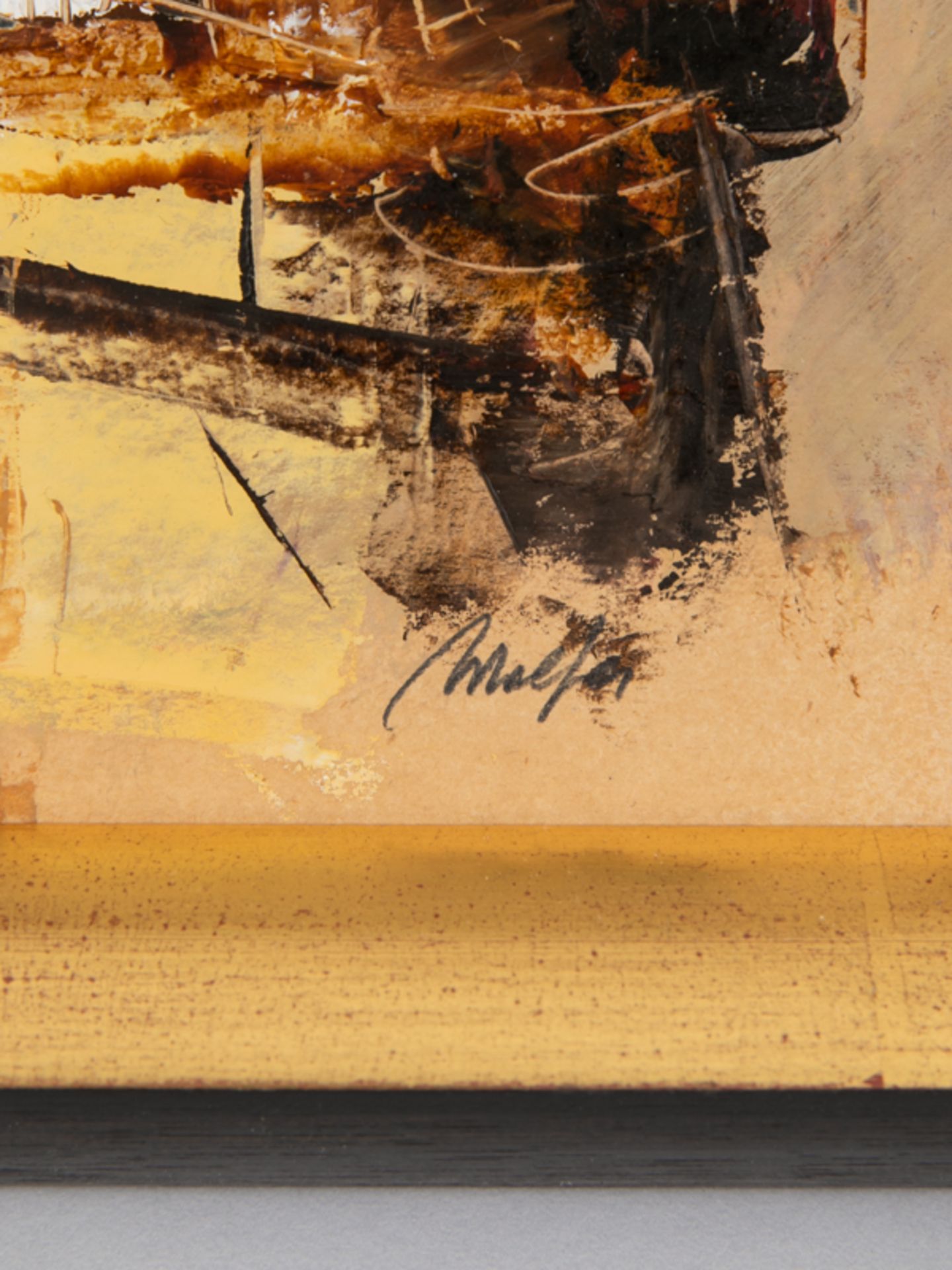 Malfer, Mario (* 1941). Öl auf Malkarton, abstrakte Farbkomposition auf gelb-ockerfarbigem Gru - Bild 3 aus 4