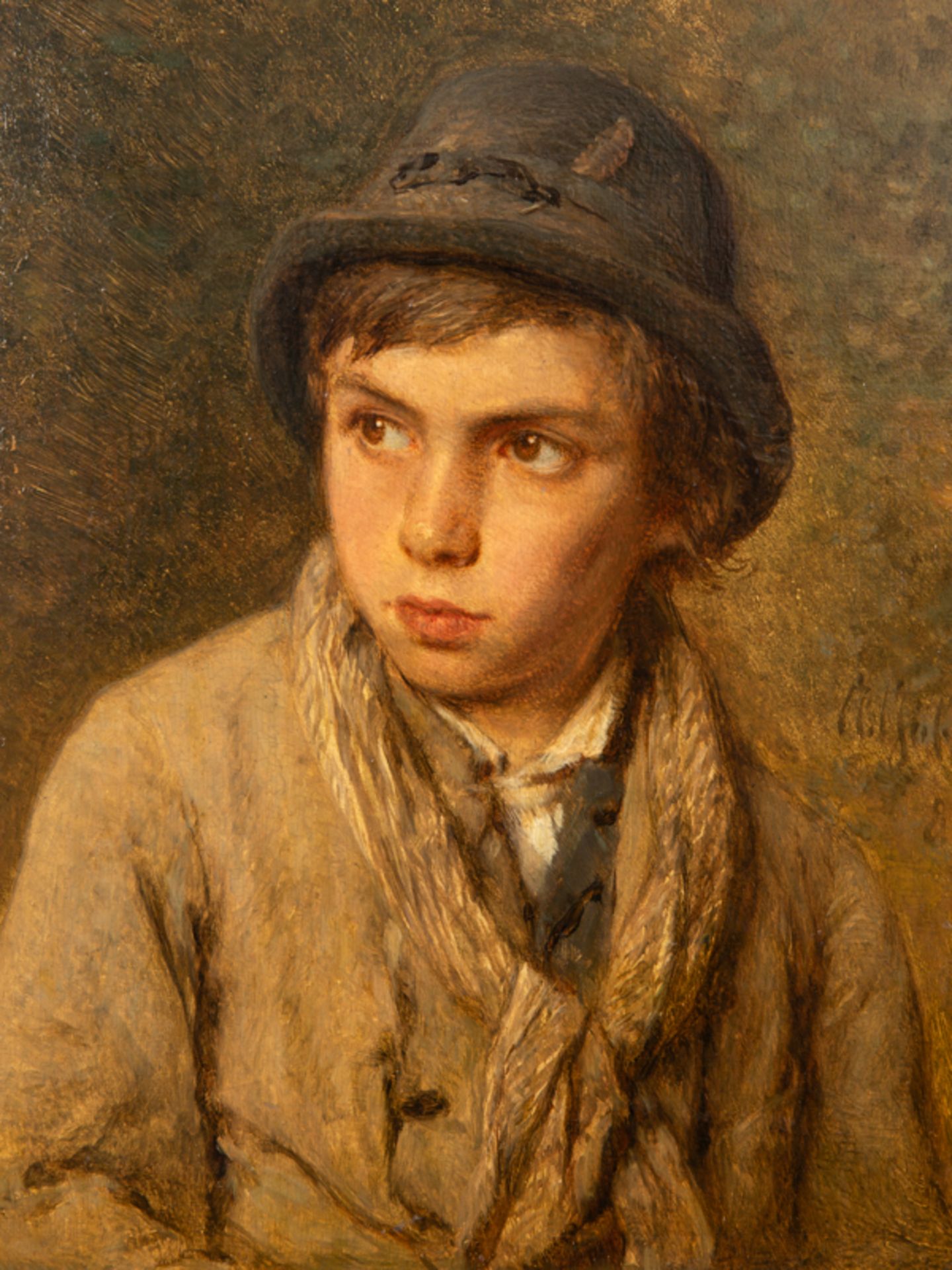 Göbel, Angilbert (1821 - 1882). Öl auf Holz; "Halbportrait eines Jungen mit Hut und Kragentuc - Bild 2 aus 6