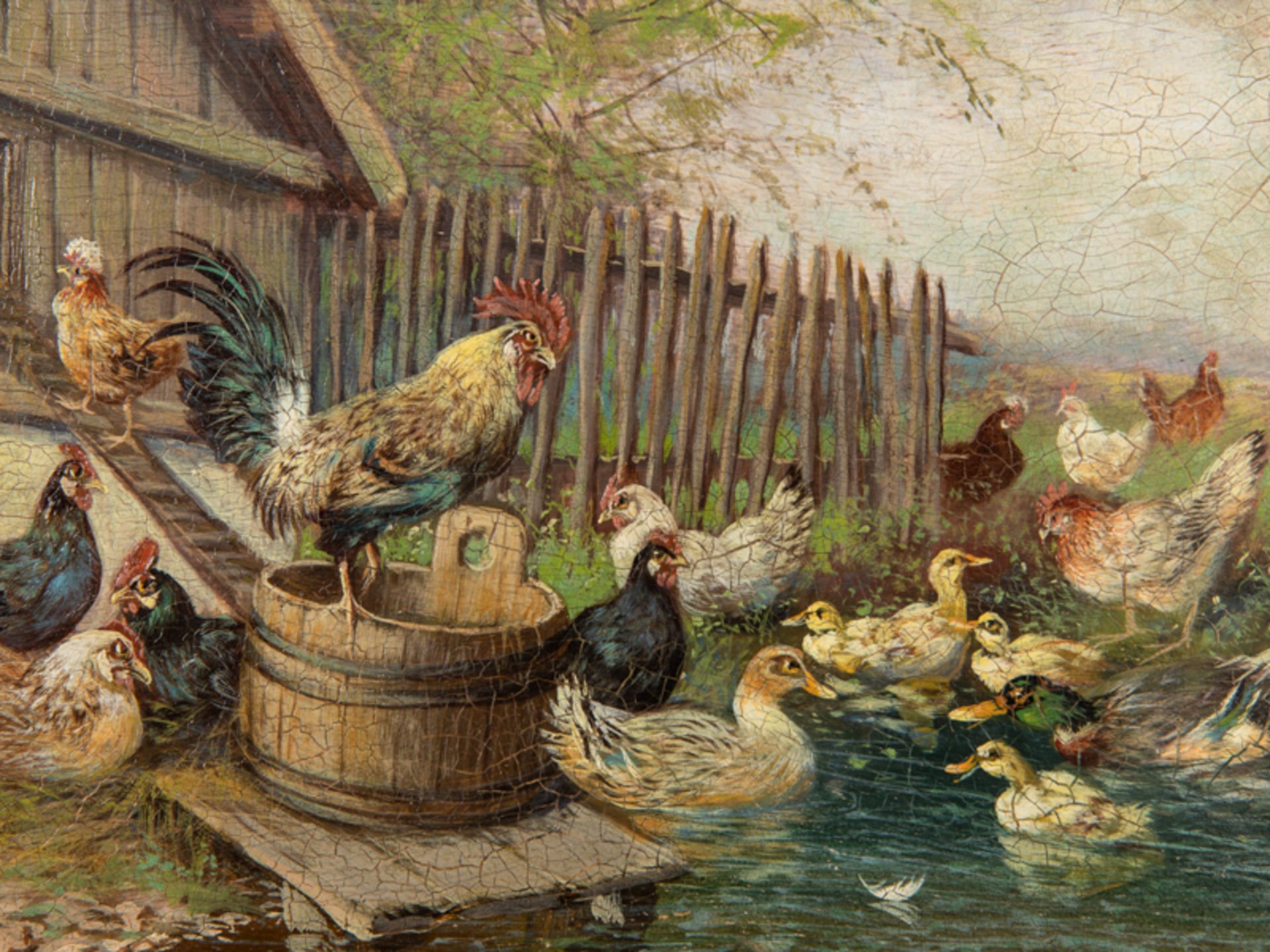 Hänger; Max d.Ä. (1874 - 1941).Öl auf Holz; "Federvieh am Teichufer" (Hühner mit Hahn und Enten - Image 2 of 5