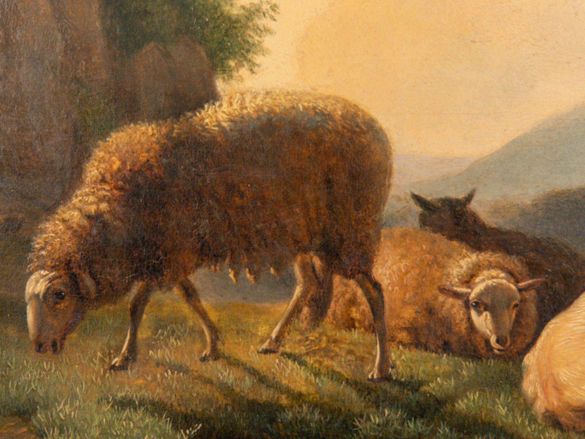 Ommeganck; Balthazar Paul (1755 - 1826).<br><br>Öl auf Holz; "Ziege und Schafe in hügeliger Flußland - Bild 2 aus 4