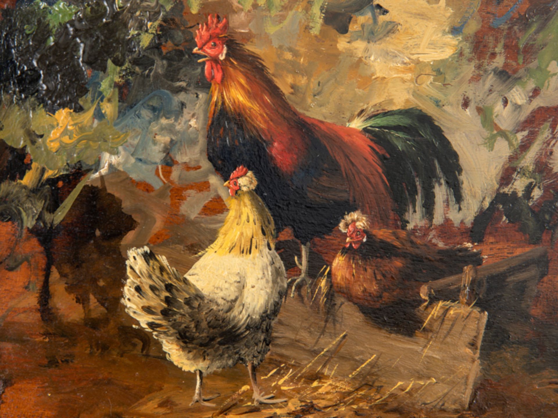 Jutz; Carl d.Ä. (1838 - 1916).<br><br>Öl auf Holz-Palette; "Hahn mit 2 Hennen"; auf einer Palette in - Bild 2 aus 5