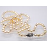 Lange Akoja-Perlenkette mit Brillanten besetztem Schloss; zus. ca. 0;18 ct; 90- er Jahre.