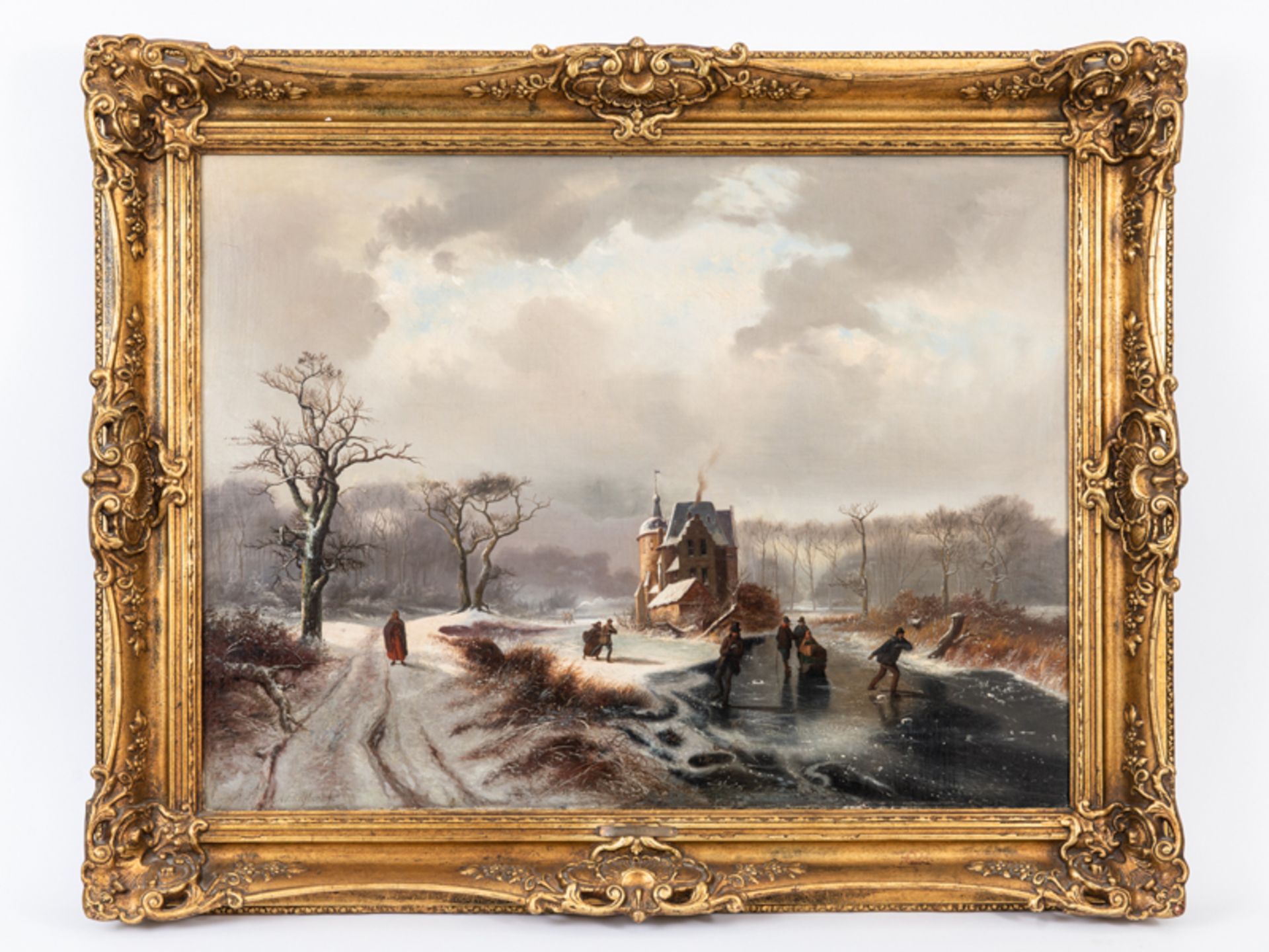 Schelfhout; Andreas (1787 - 1870).<br><br>Öl auf Leinwand; "Eisvergnügen in holländischer Winterland