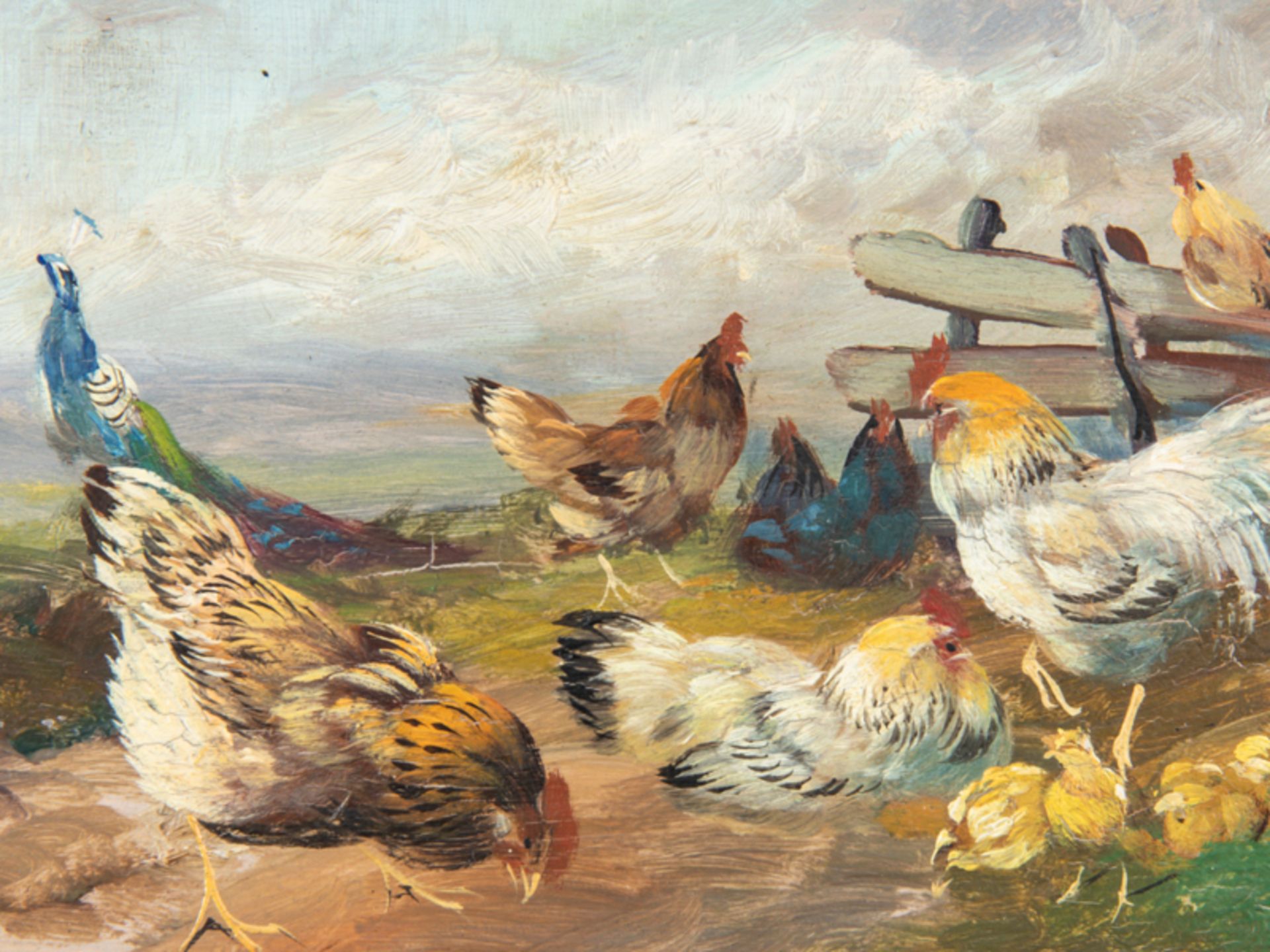 Hänger; Max d.Ä. (1874 - 1941).<br><br>Öl auf Holz; "Federvieh (Hühner mit Küken und einem Pfau an e - Bild 2 aus 4