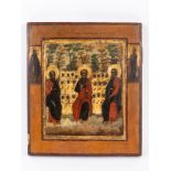 Ikone mit 3 Heiligen vor heiligen Kindern; wohl Rußland; 19. Jh.Holztafel mit farbiger