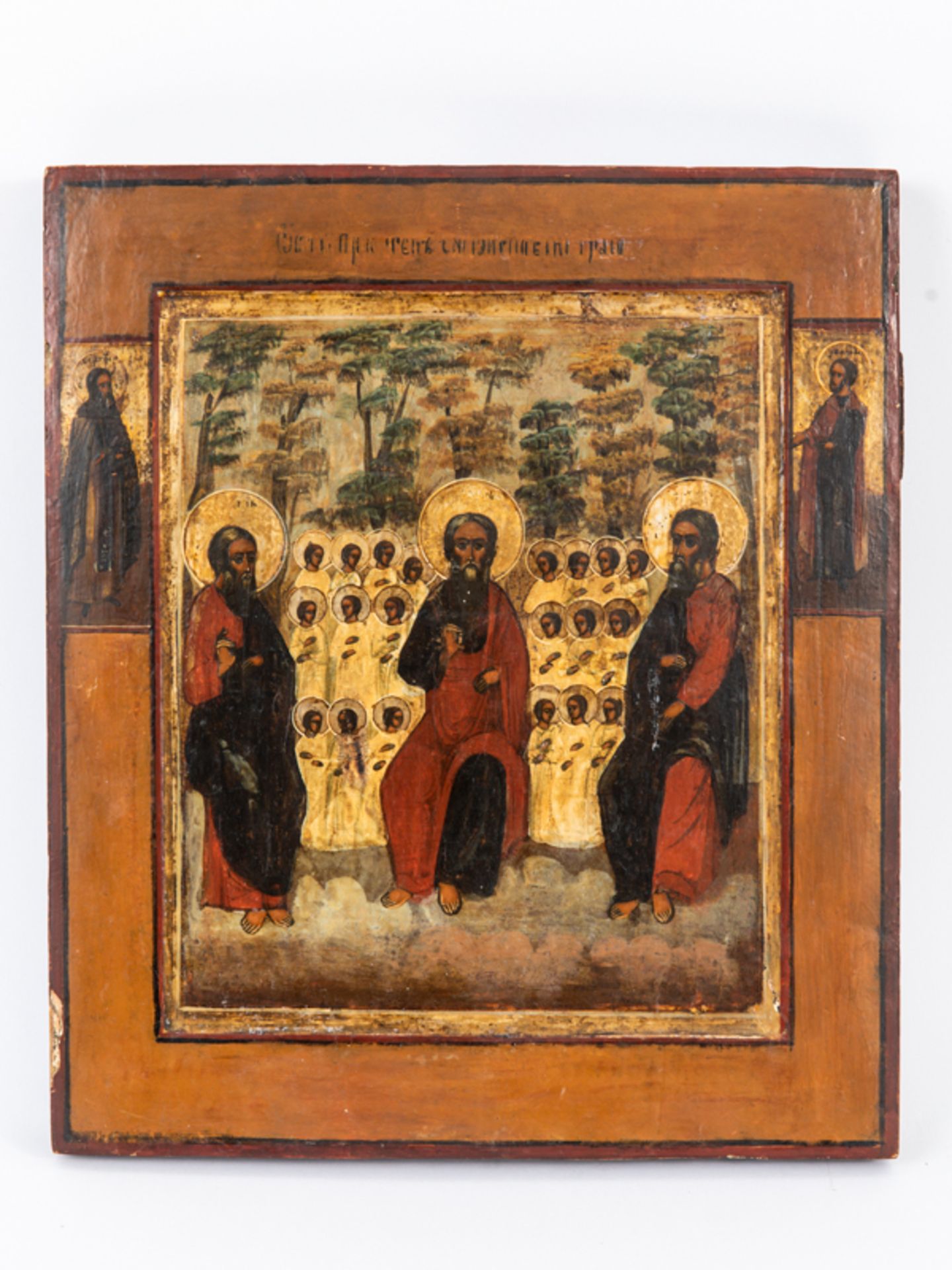 Ikone mit 3 Heiligen vor heiligen Kindern; wohl Rußland; 19. Jh.<br><br>Holztafel mit farbiger Tempe