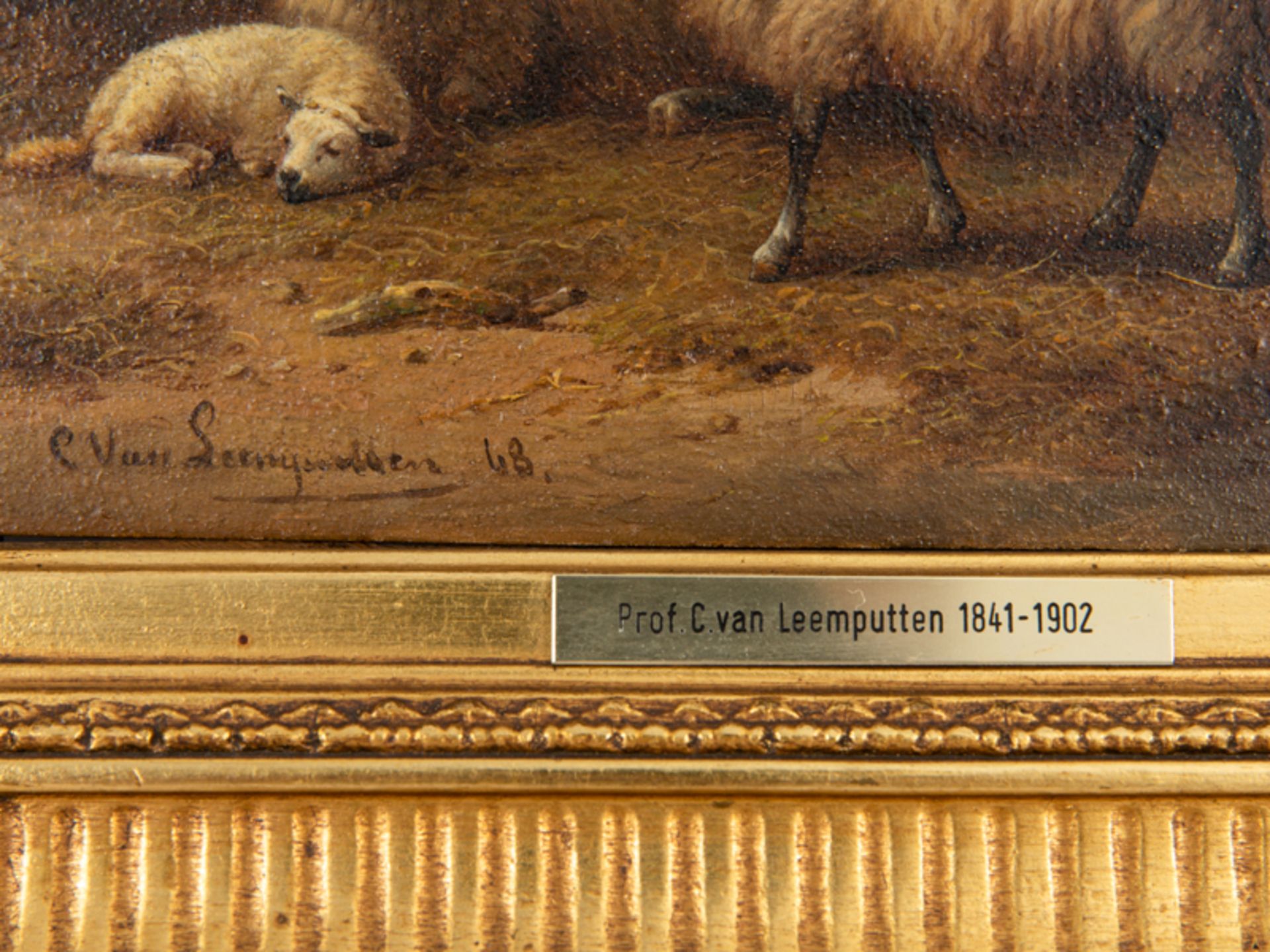van Leemputten; Cornelis (1841 - 1902).Öl auf Holz; "Stallinterieur mit Schafen und Hahn"; 1868; - Image 3 of 3