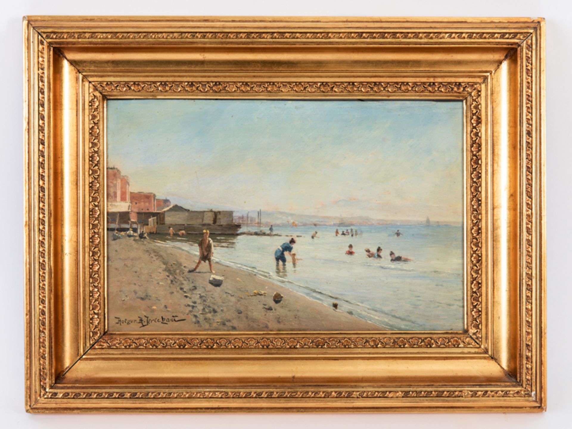 Hvitfeldt-Jerichau; Holger (1861 - 1900).<br><br>Öl auf Holz; "Sommerliche Strandszene an südlicher 