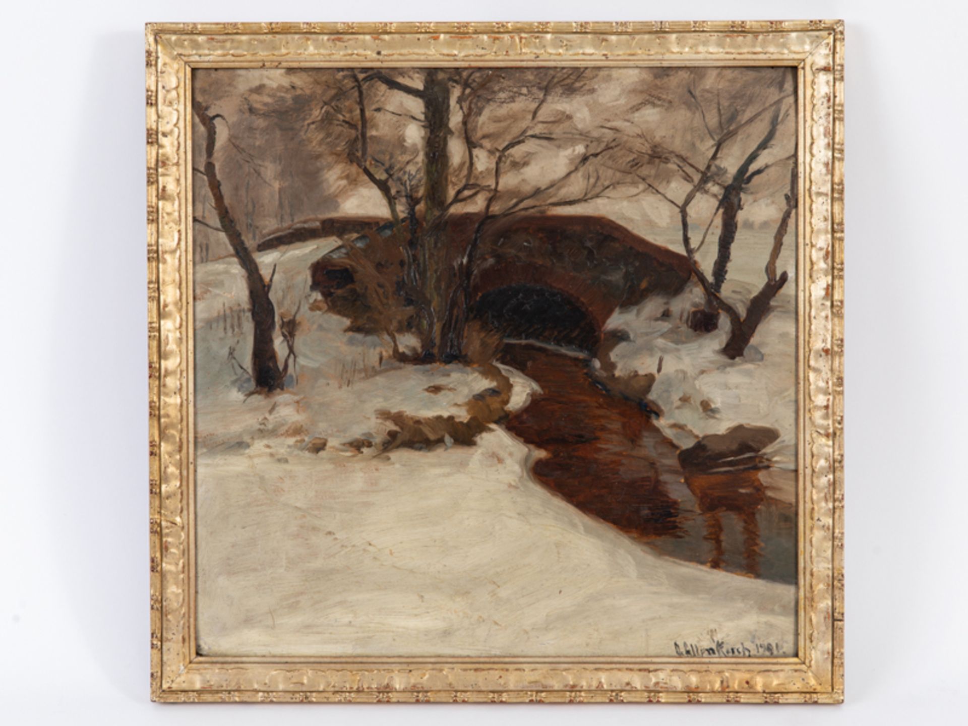 Altenkirch; Otto (1875 - 1945).Öl auf Malkarton; "Brücke im Schnee bei Ziesar"; 1901; in