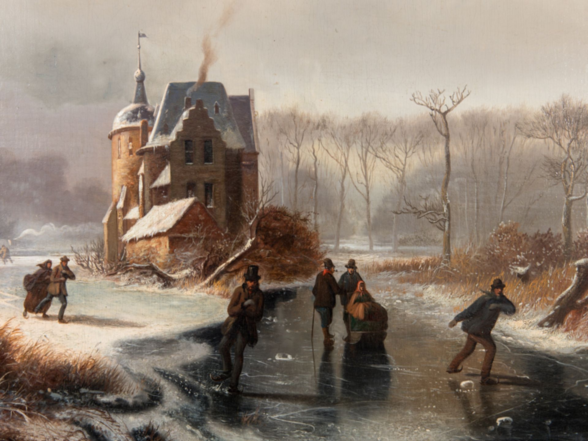 Schelfhout; Andreas (1787 - 1870).<br><br>Öl auf Leinwand; "Eisvergnügen in holländischer Winterland - Bild 2 aus 7