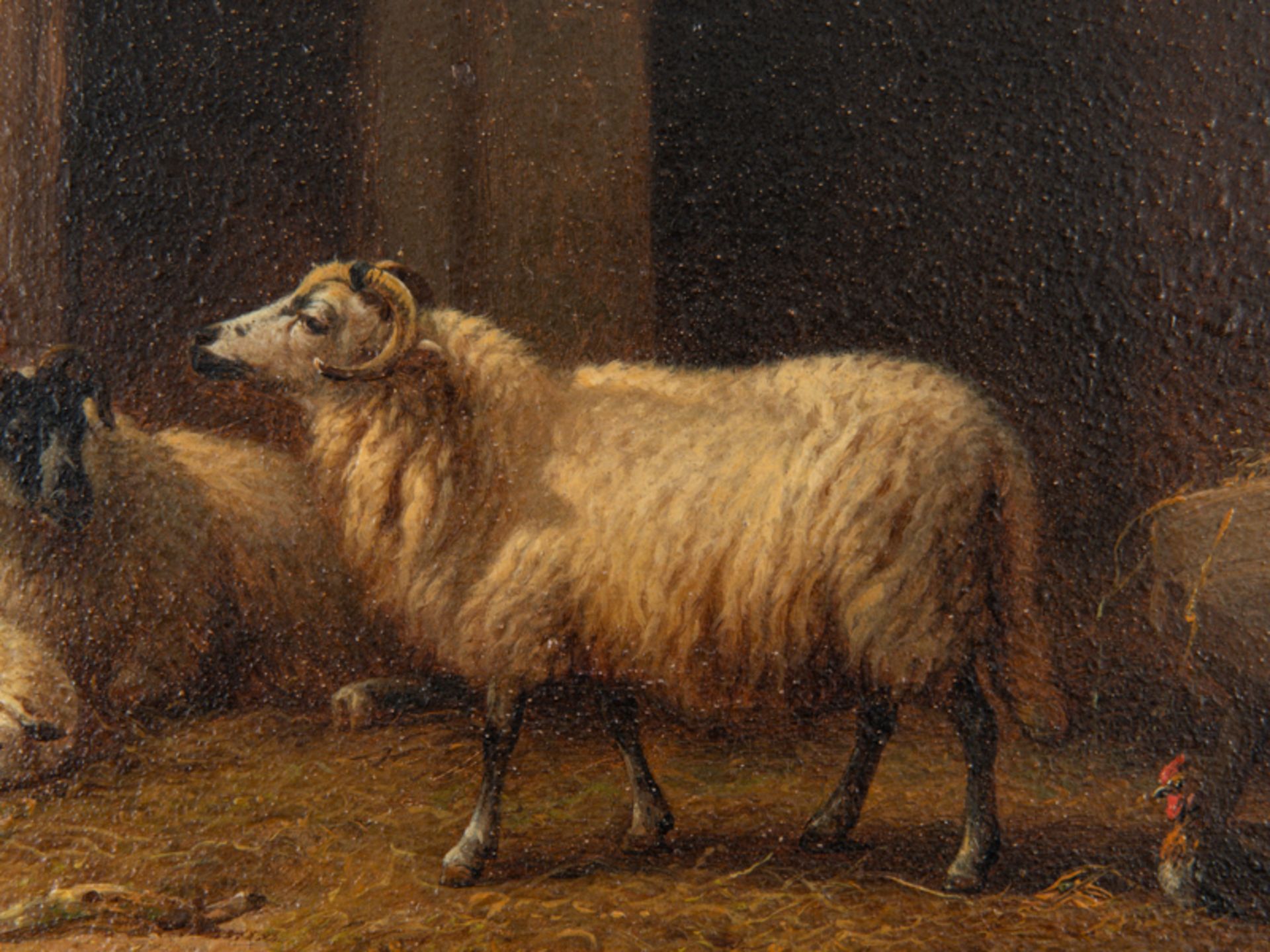 van Leemputten; Cornelis (1841 - 1902).Öl auf Holz; "Stallinterieur mit Schafen und Hahn"; 1868; - Image 2 of 3