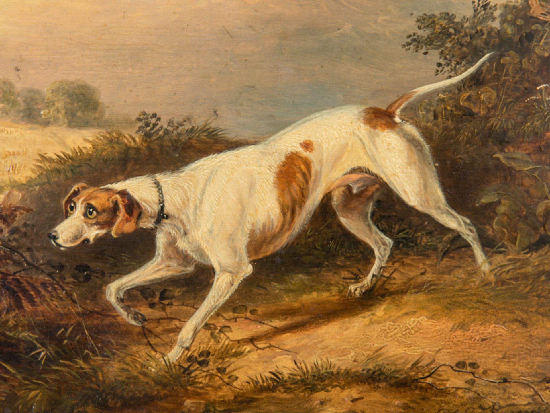 Englischer Tiermaler 18./19. Jh.Öl auf Holz; "Jagdhunde in Staffagelandschaften ; im Vordergrund - Image 2 of 7
