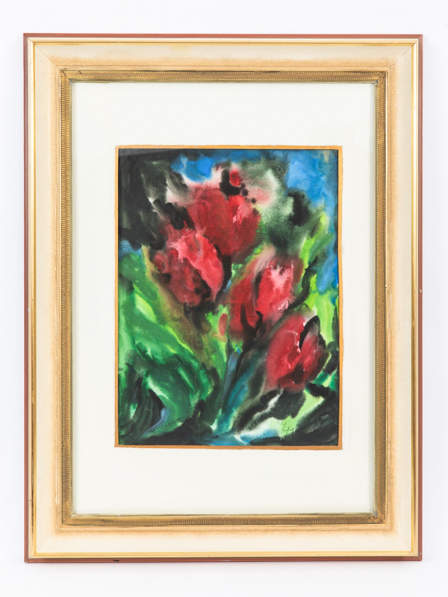 Malskat; Lothar (1913 - 1988).<br><br>Aquarell auf Papier; "Rote Blumen vor blauem Hintergrund"; unt