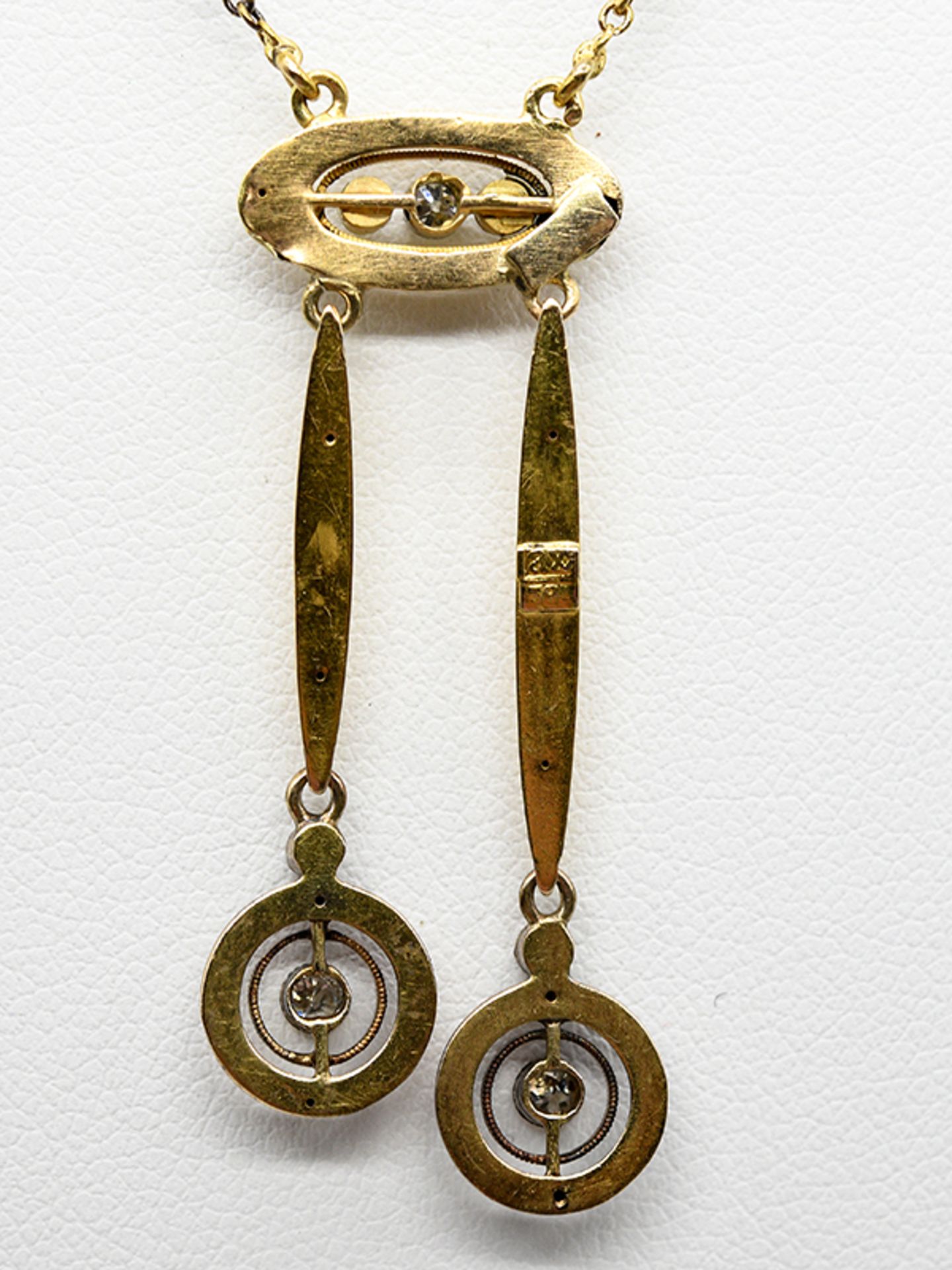Collier mit Keshi-Perlen und kleinen Altschliff-Diamanten; zus. ca. 0;1 ct; um 1900.585/- - Image 5 of 6