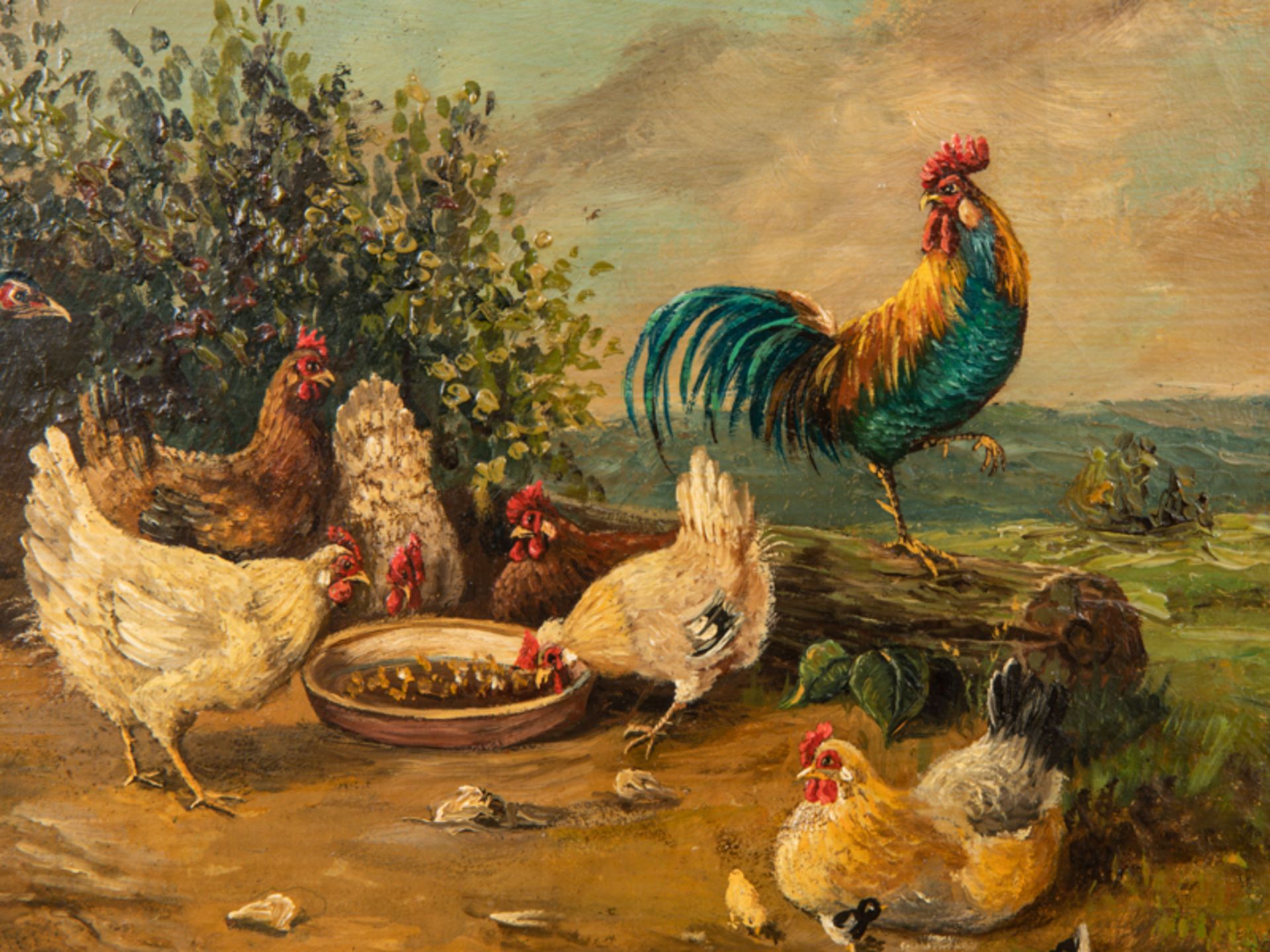 Scheuerer; Otto (1862 - 1934).<br><br>Öl auf Leinwand; "Hühnergeflügel mit Pfau"; farbenfrohe Federv - Bild 2 aus 6