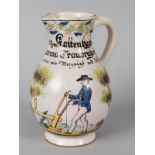 Durlacher Hochzeits-Birnkrug; 1836.Fayence; farbig bemalt mit Bildmotiv eines pflügenden Bauern