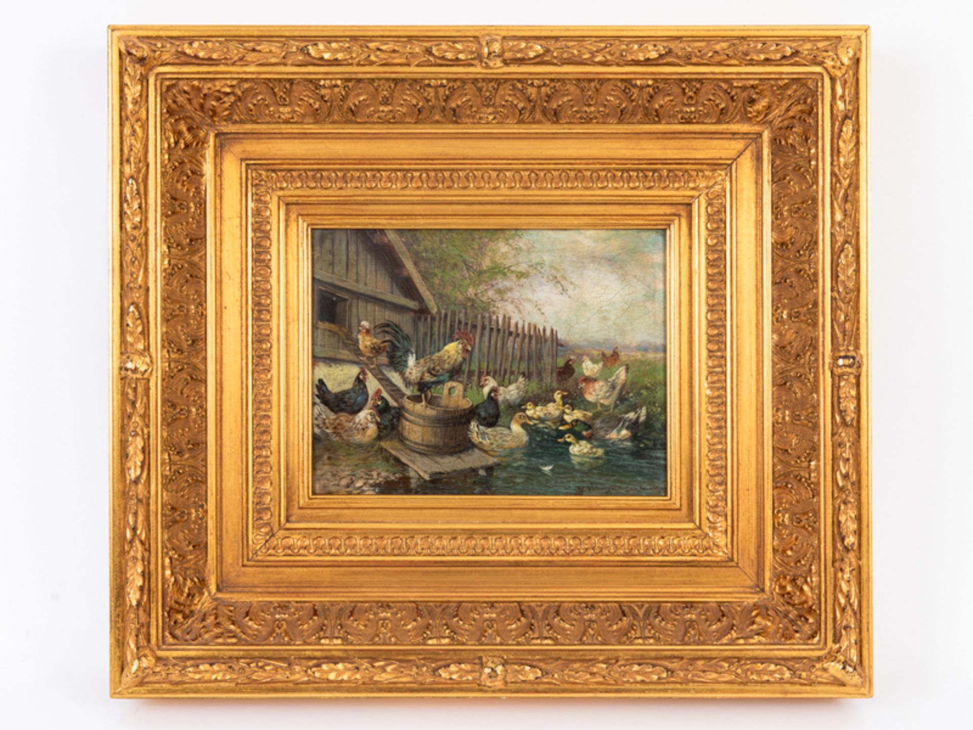 Hänger; Max d.Ä. (1874 - 1941).Öl auf Holz; "Federvieh am Teichufer" (Hühner mit Hahn und Enten