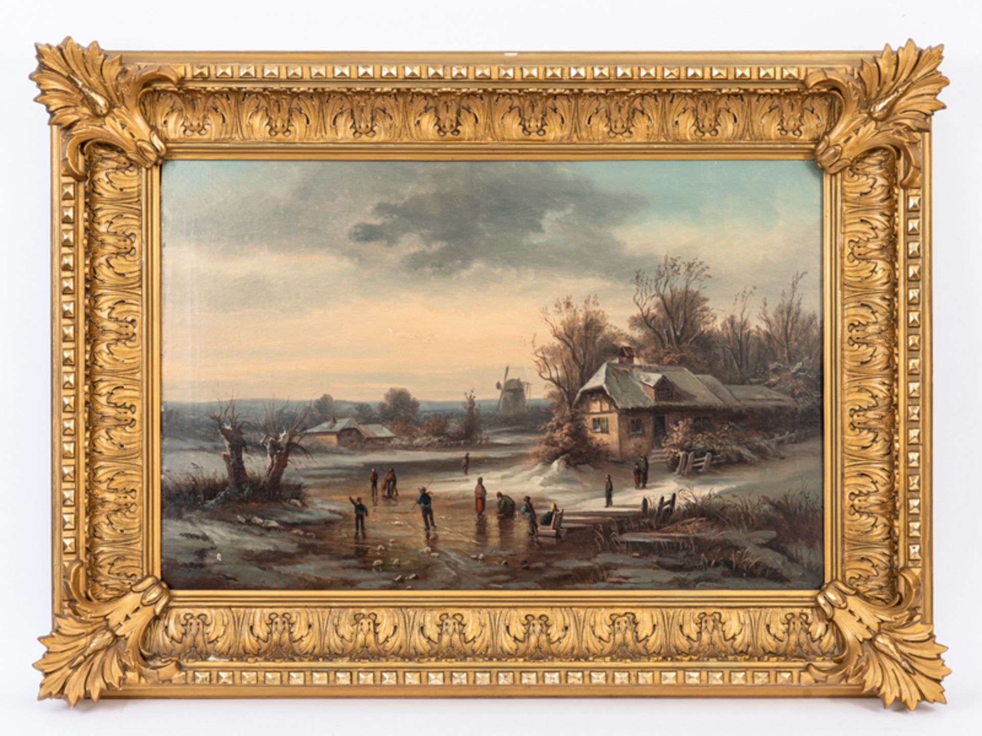 Landschaftsmaler des 19. Jh. (im Stil Anton Dolls; 1826 - 1887).Öl auf Leinwand; "Eisvergnügen in