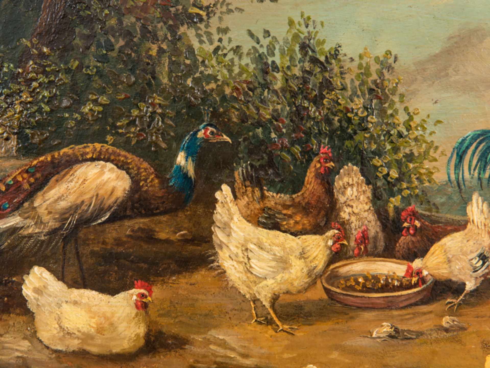 Scheuerer; Otto (1862 - 1934).<br><br>Öl auf Leinwand; "Hühnergeflügel mit Pfau"; farbenfrohe Federv - Bild 3 aus 6