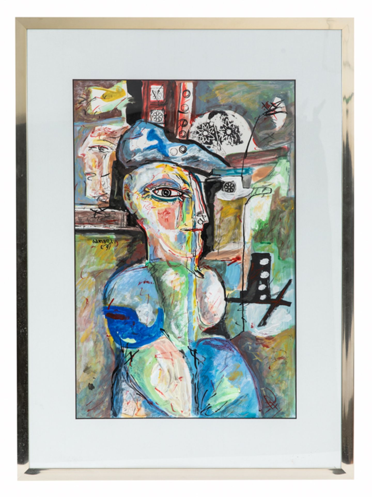 Gamboa; Manuel (1925 - 2020)."Kubistische Figur in abstrakter Komposition"; Öl auf Papier/