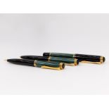 3-tlg. Schreibset "SouverÃ¤n"/Pelikan, ca. 1950 - 1980. br18ct/750 Goldfeder mit Rhodium-Veredelung,