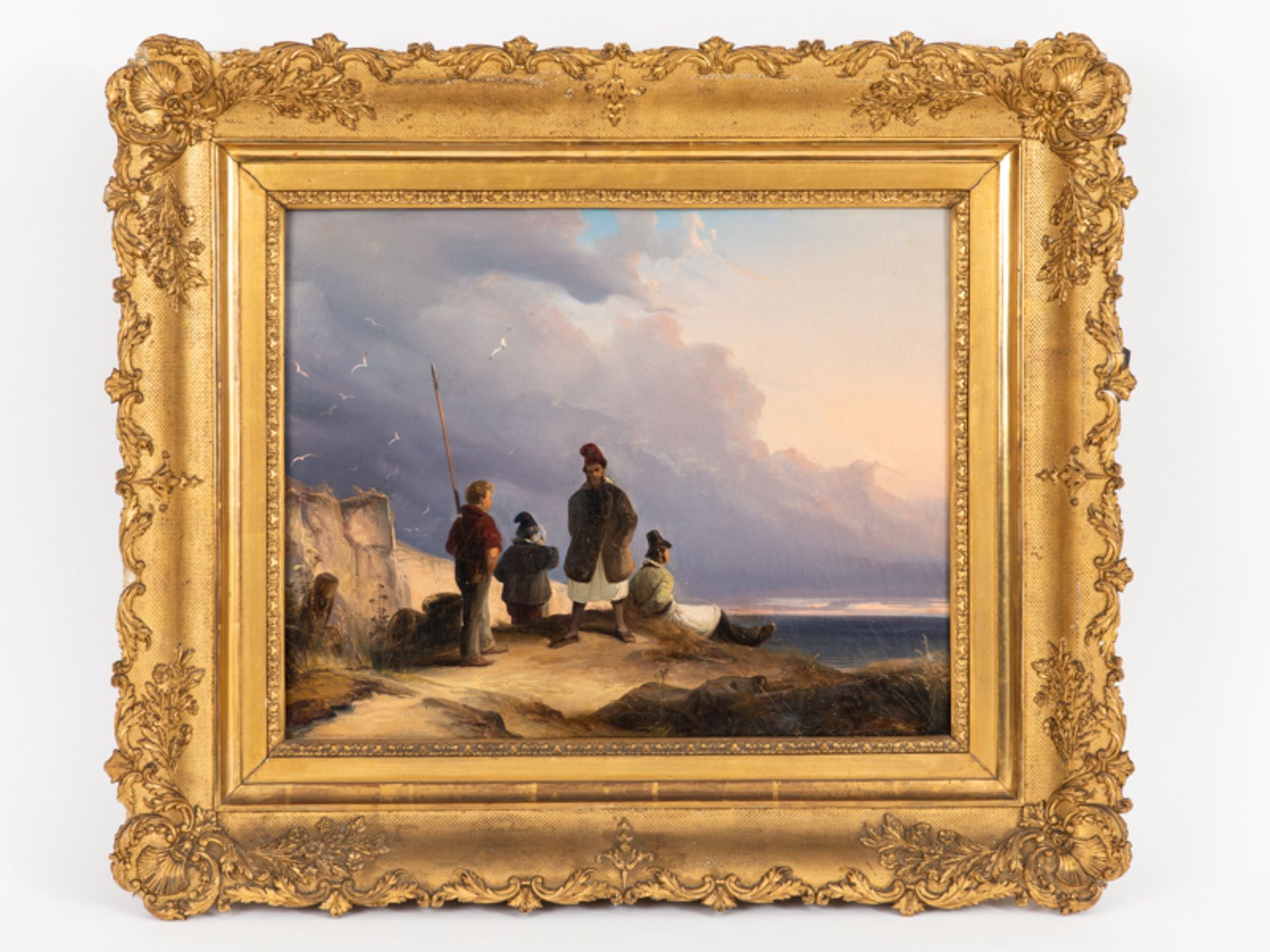 Scheuren, Caspar (1810 - 1887). brÃ–l auf Leinwand, "Figurenszene am Strand vor SteilkÃ¼ste",