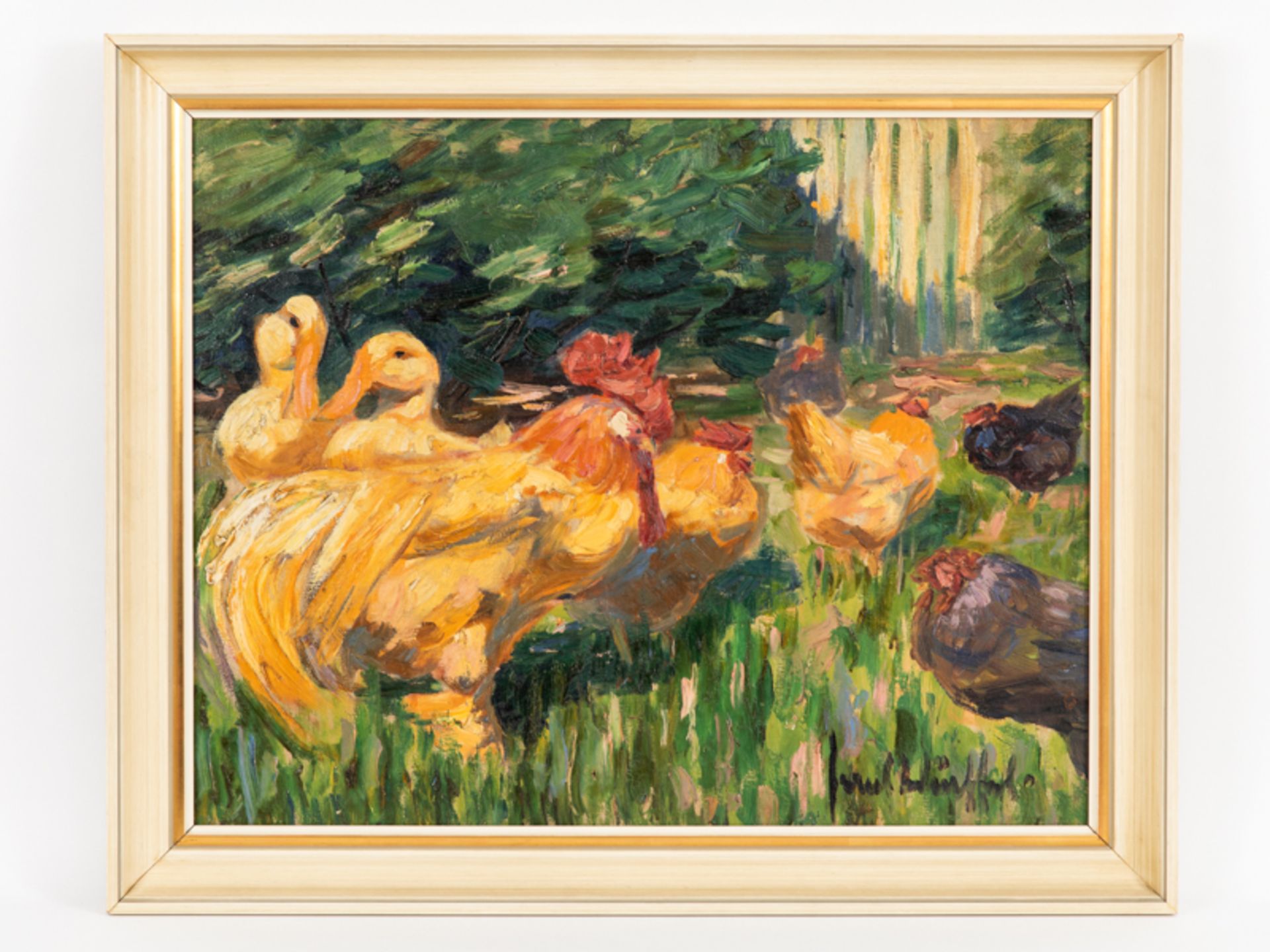 WÃ¼rffel, Hans (1884 - 1974). brÃ–l auf Leinwand, "HÃ¼hner und Enten im Garten"; in