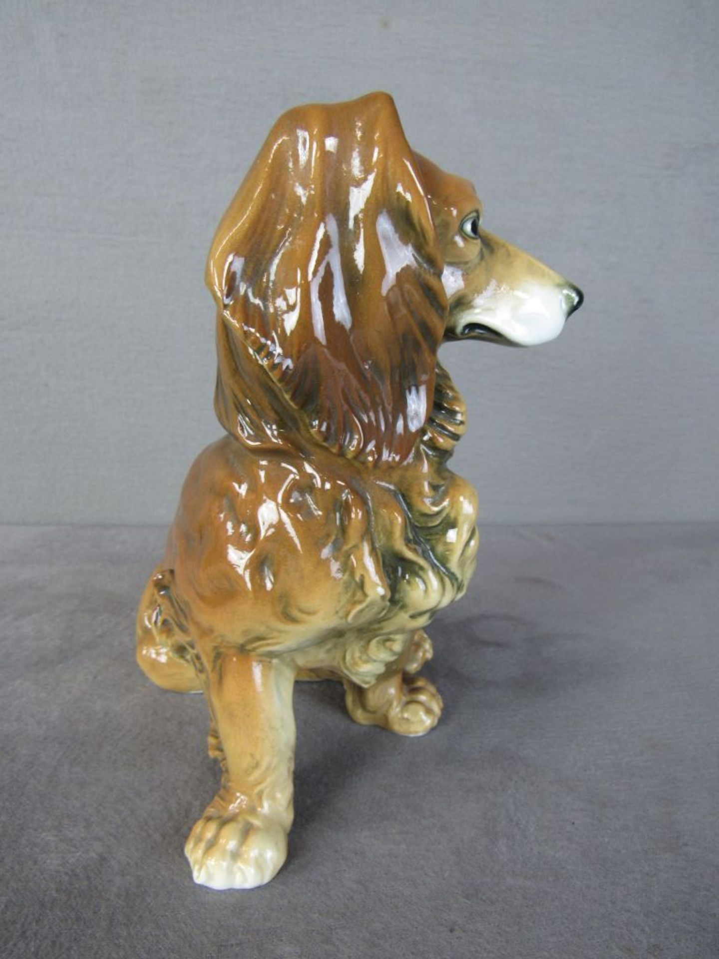 Hundefigur: Dackel sitzend ENS Porzellan Volkstedt - 16 cm lang - handgemalt - um 1920 - Bild 4 aus 8