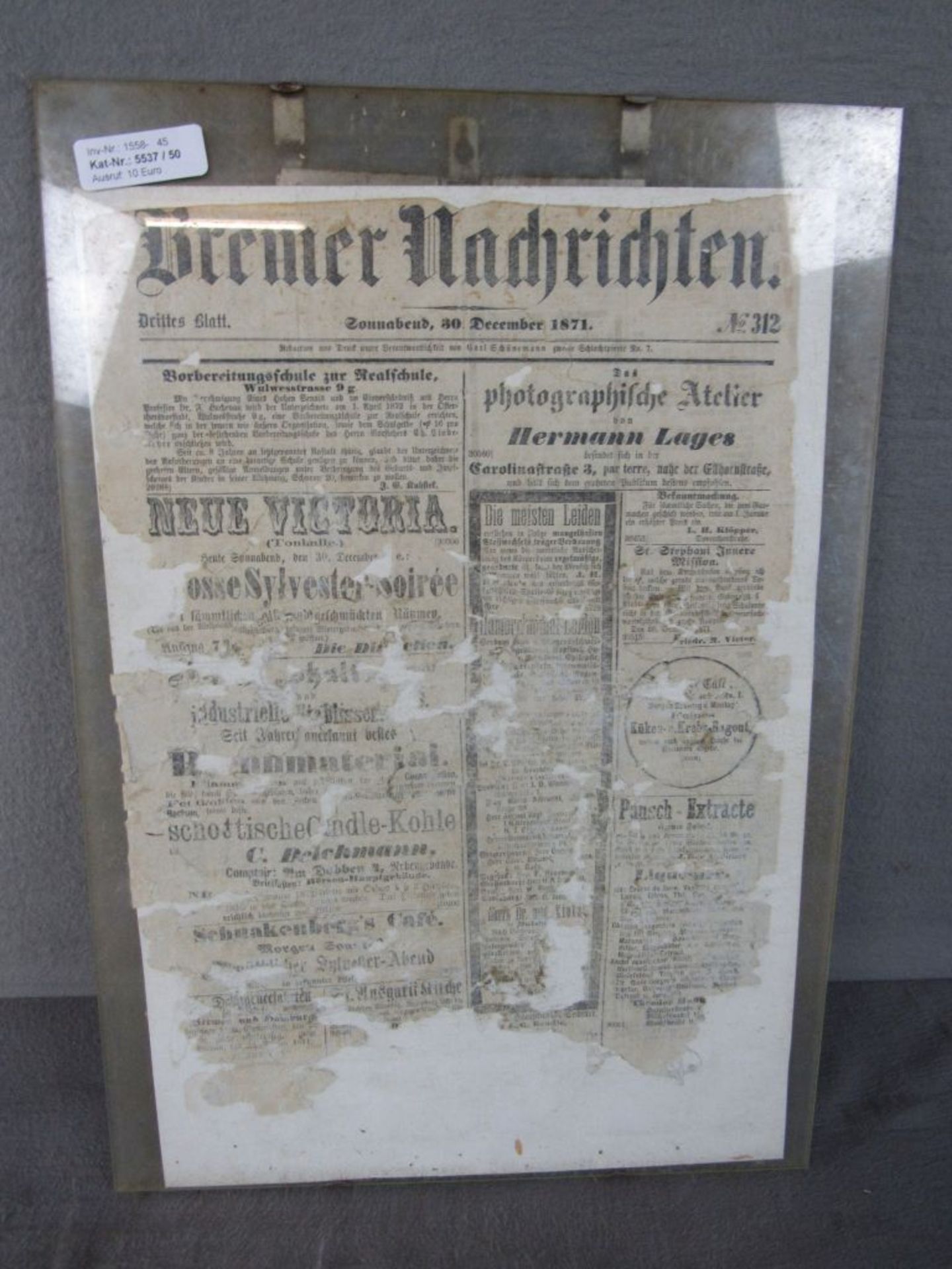 Gerahmtes Zeitungsblatt Bremer Nachrichten von 1871