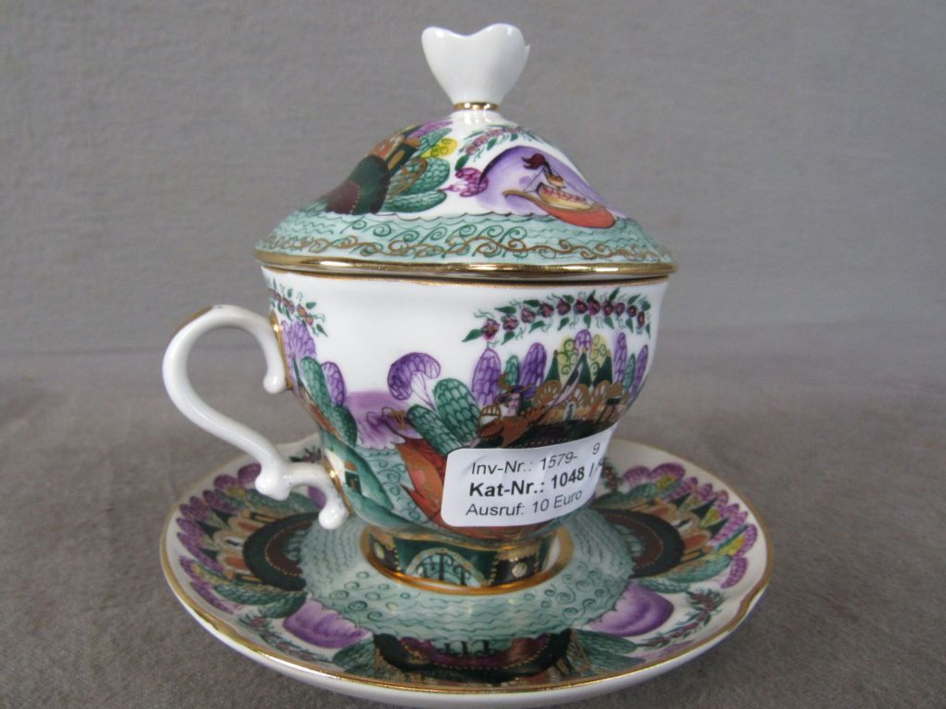 Teetasse Rußland handbemalt Gesamthöhe:13,5cm Durchmesser Teller:15cm - Bild 6 aus 6