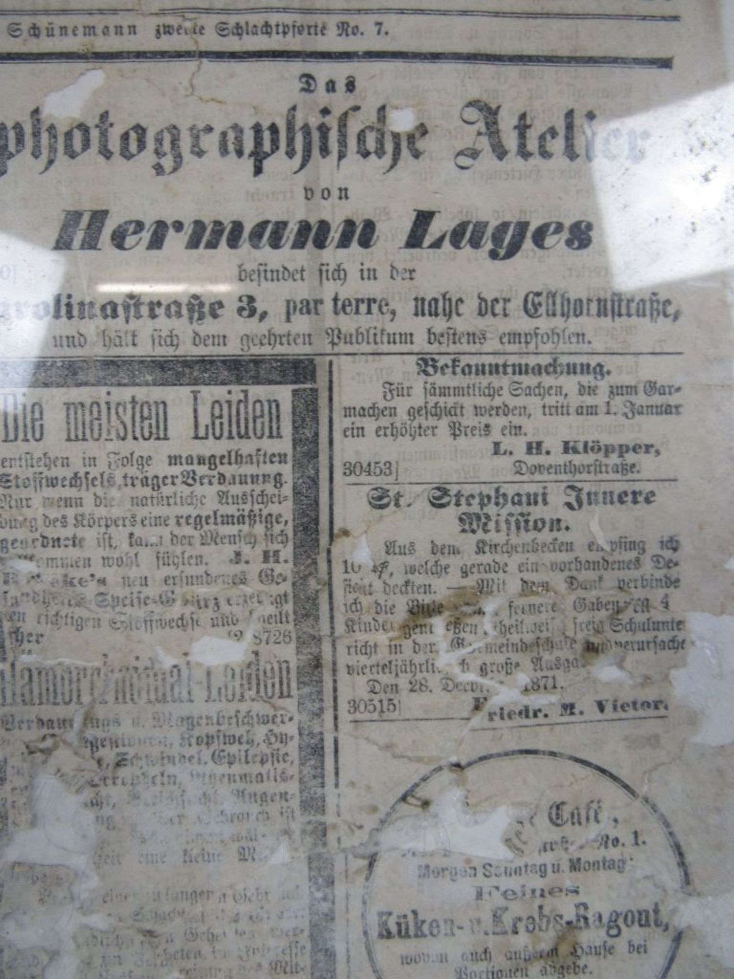 Gerahmtes Zeitungsblatt Bremer Nachrichten von 1871 - Image 3 of 5