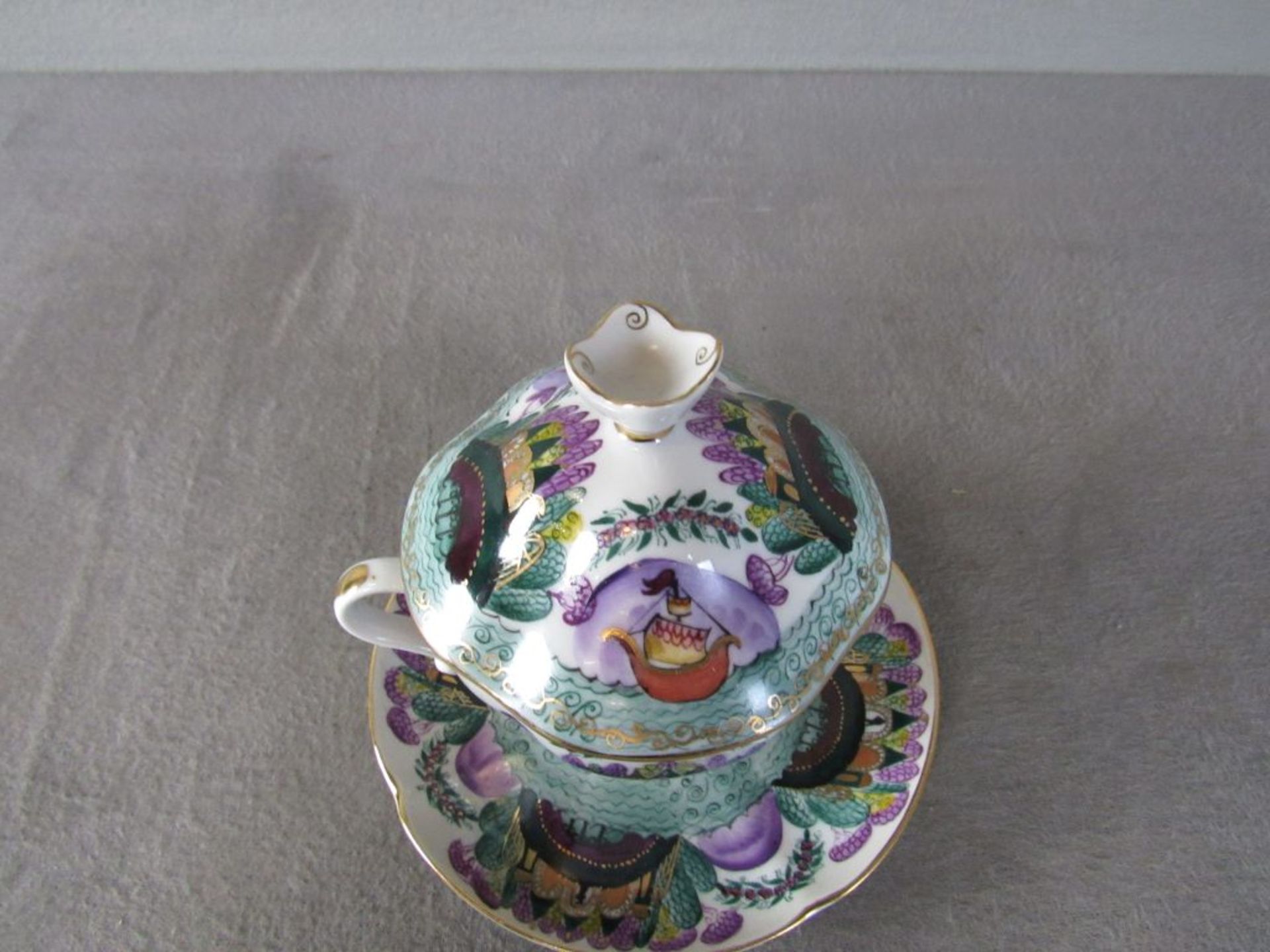 Teetasse Rußland handbemalt Gesamthöhe:13,5cm Durchmesser Teller:15cm - Bild 4 aus 6