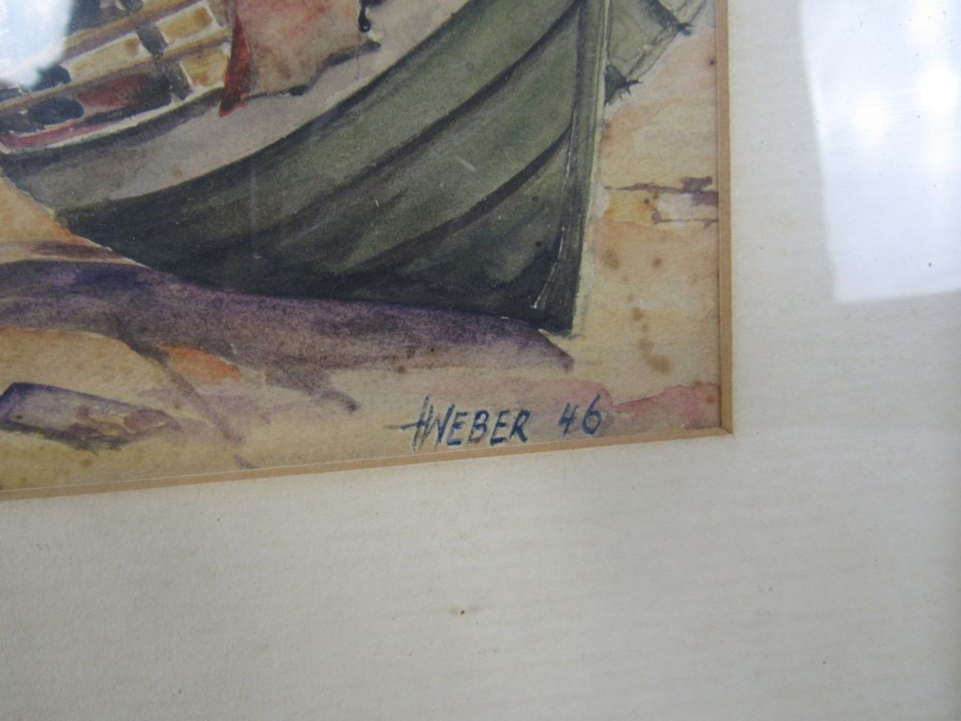 Gerahmtes Aquarell Fischerboote 39x34cm signiert Weber - Image 3 of 6