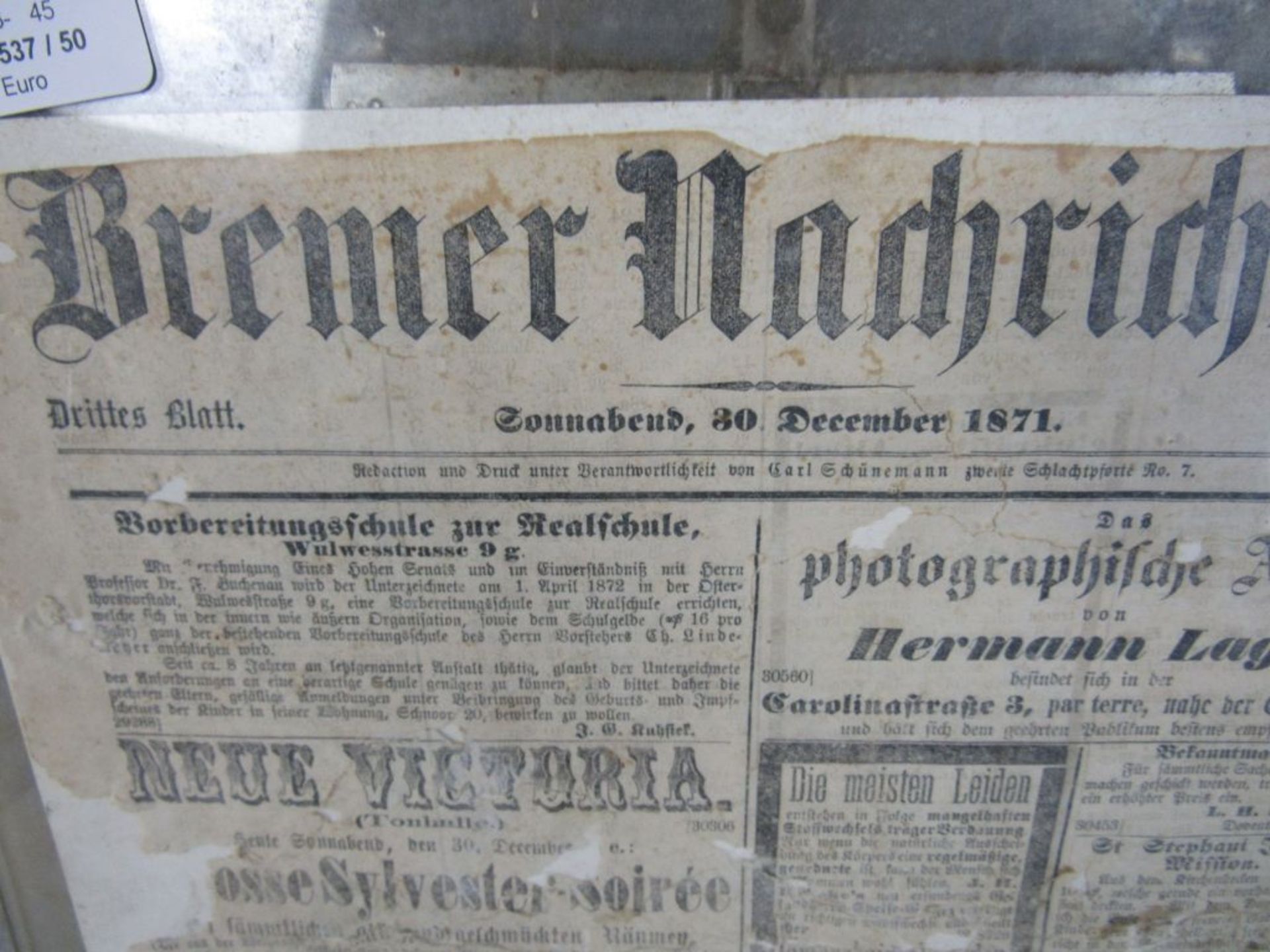 Gerahmtes Zeitungsblatt Bremer Nachrichten von 1871 - Image 2 of 5