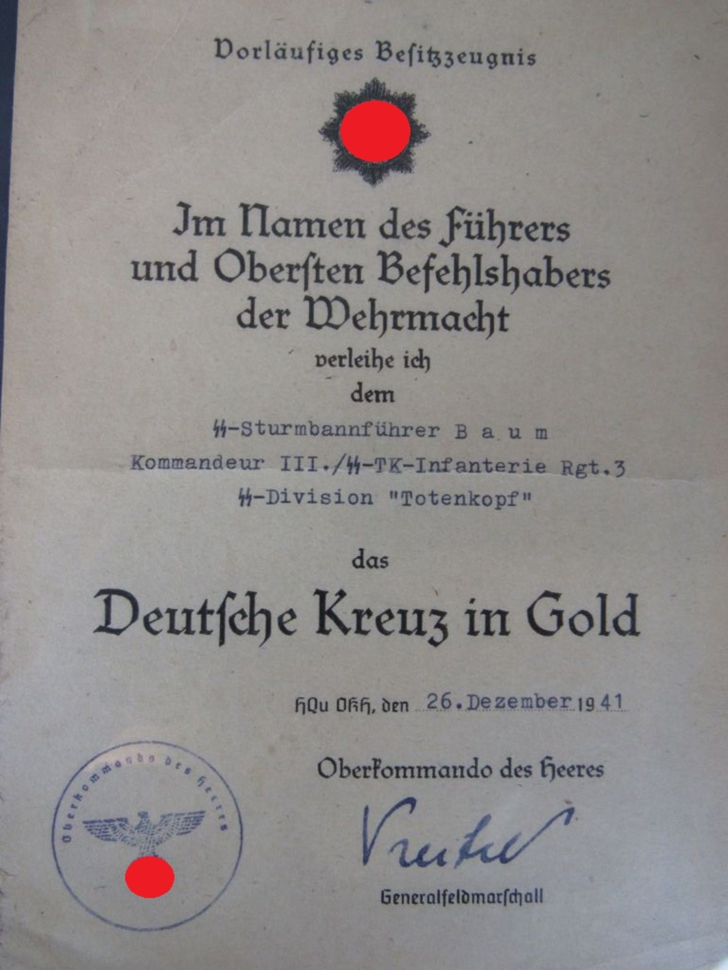 Besitzzeugnis 2.WK für Deutsches Kreuz