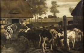 Deutsch, 19. Jh.Kühe drängen in den Stall. Öl/Lwd., doubliert. 47 x 74 cm. Gerahmt.