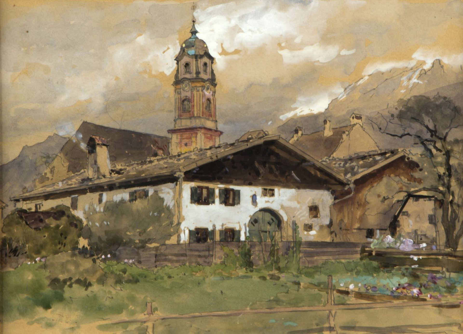 Compton, Edward Harrison. 1881 - Feldafing - 1960Dorf in den Bergen. Aquarell über Ble